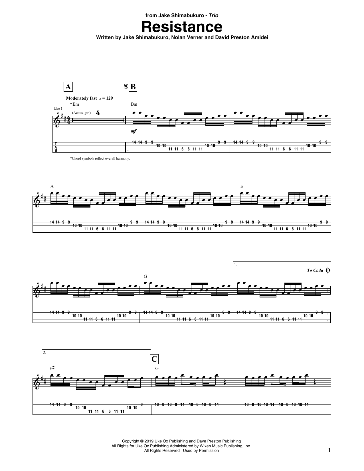 Jake Shimabukuro Trio Resistance Sheet Music Notes & Chords for Ukulele Tab - Download or Print PDF