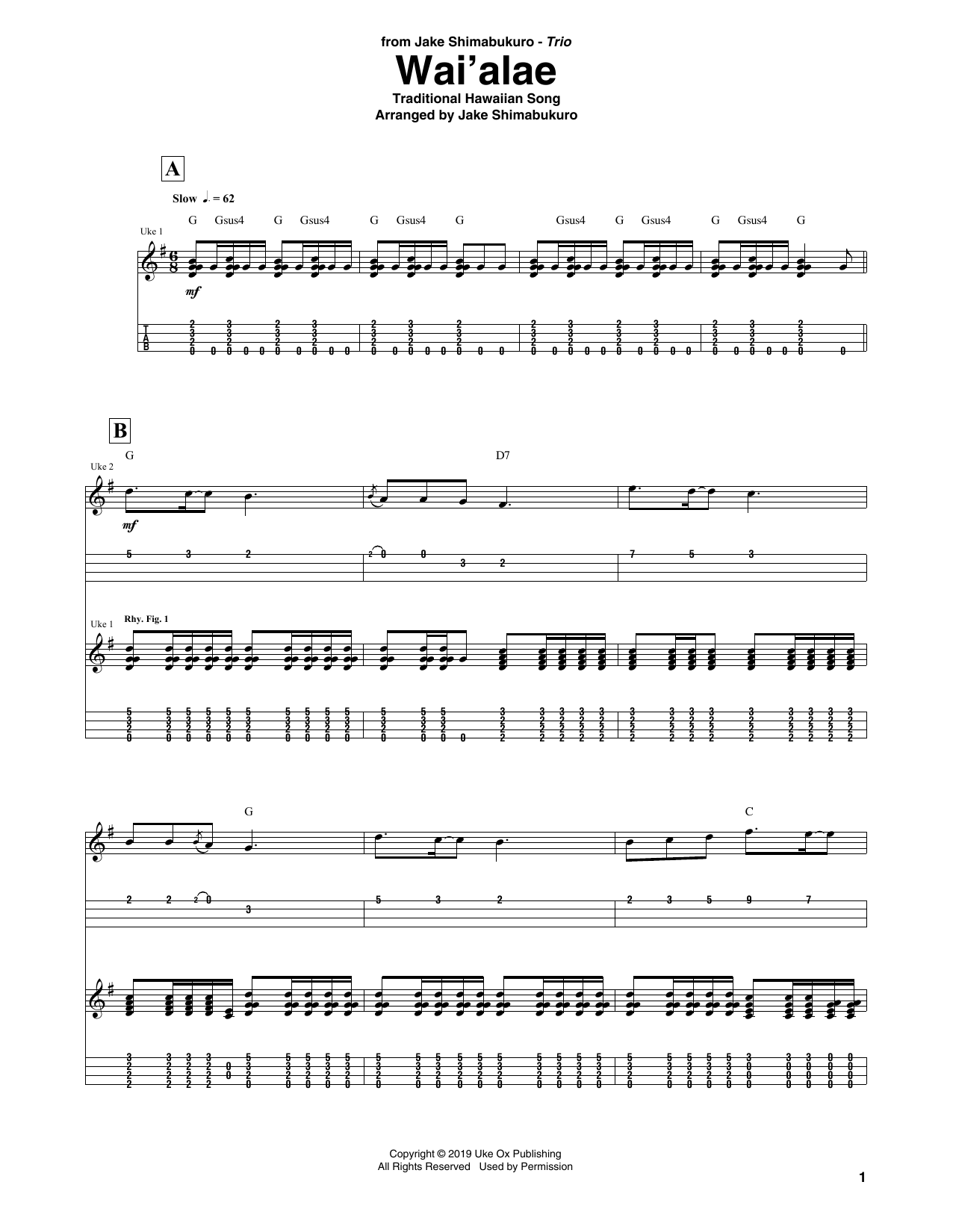 Jake Shimabukuro Trio Wai'alae Sheet Music Notes & Chords for Ukulele Tab - Download or Print PDF