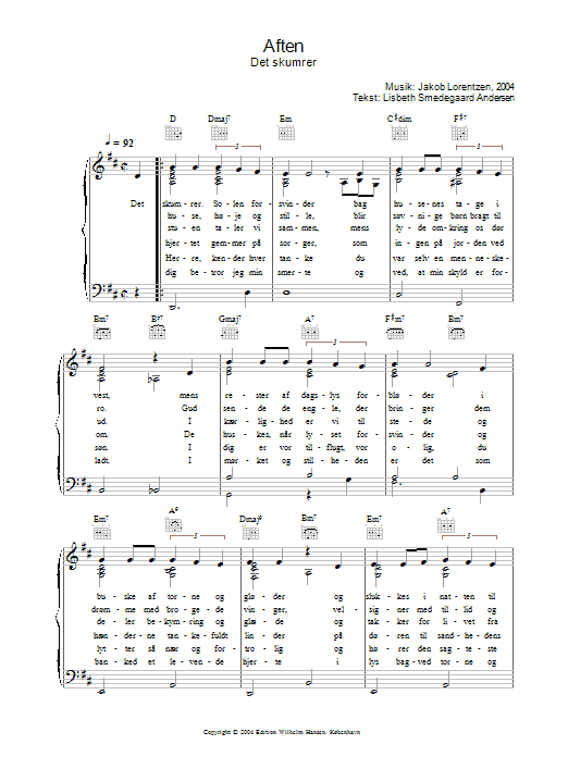Jakob Lorentzen Aften - Det Skumrer Sheet Music Notes & Chords for Piano, Vocal & Guitar (Right-Hand Melody) - Download or Print PDF