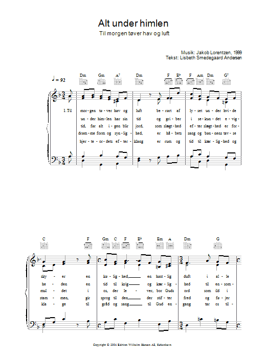 Jakob Lorentzen Alt Under Himlen - Til Morgen Tøver Hav Og Luft Sheet Music Notes & Chords for Piano, Vocal & Guitar (Right-Hand Melody) - Download or Print PDF