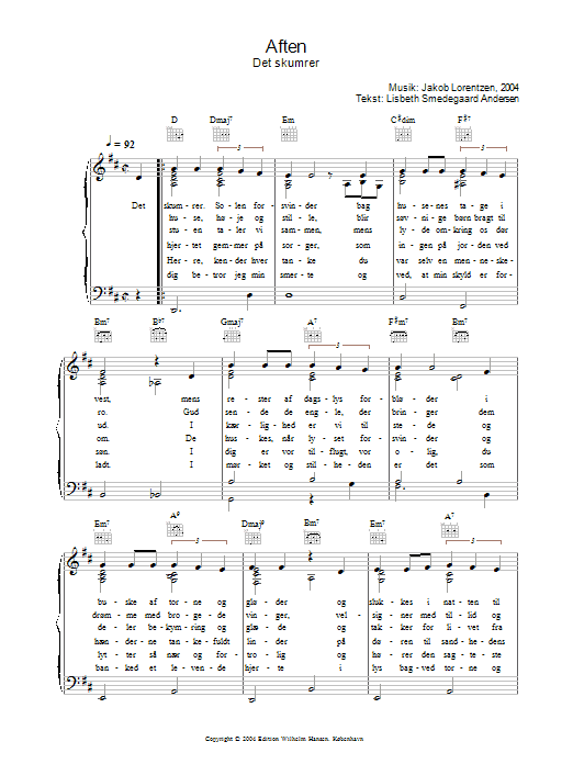 Preview Jakob Lorentzen Aften - Det Skumrer Folk sheet music, notes and chords for Piano, Vocal & Guitar (Right-Hand Melody), SKU: 33793 Aften - Det Skumrer sheet music