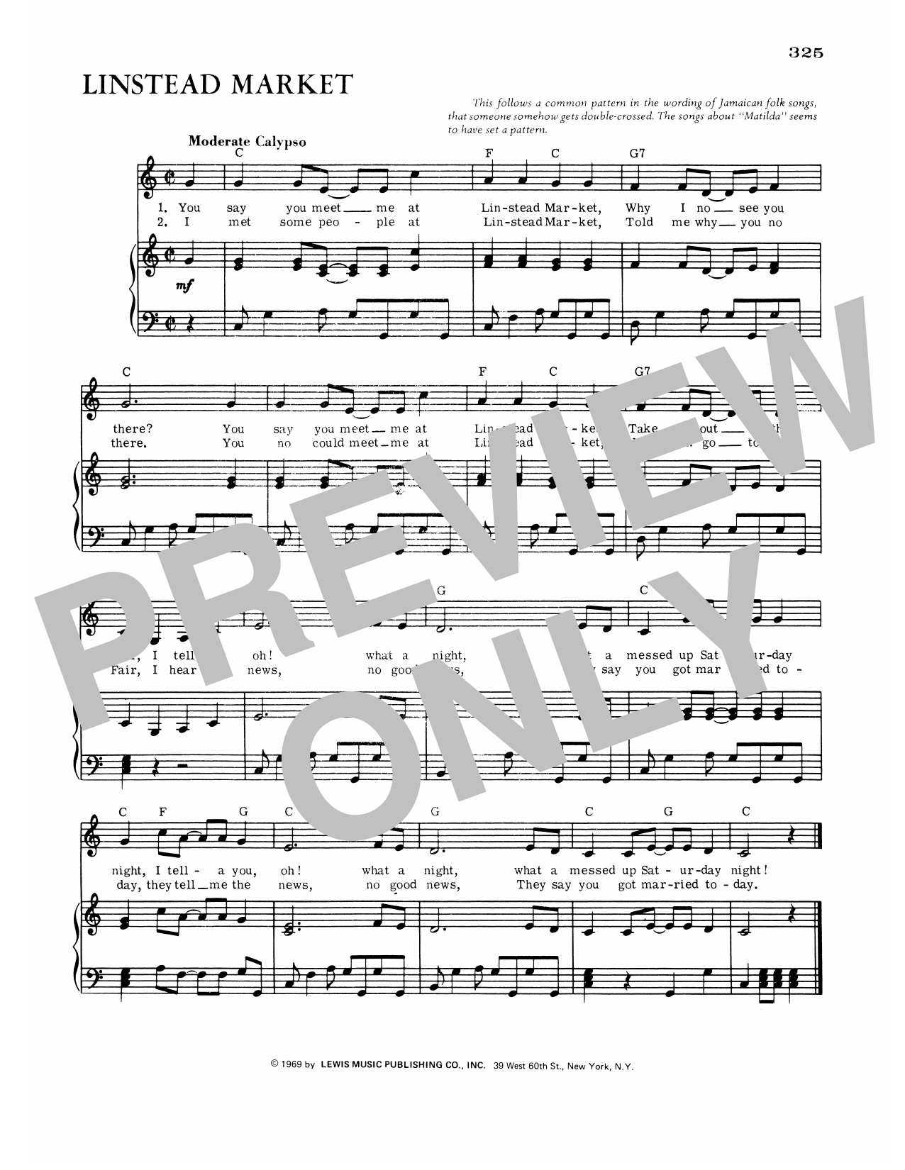 Jamaican Folk Song Linstead Market Sheet Music Notes & Chords for Piano, Vocal & Guitar Chords (Right-Hand Melody) - Download or Print PDF