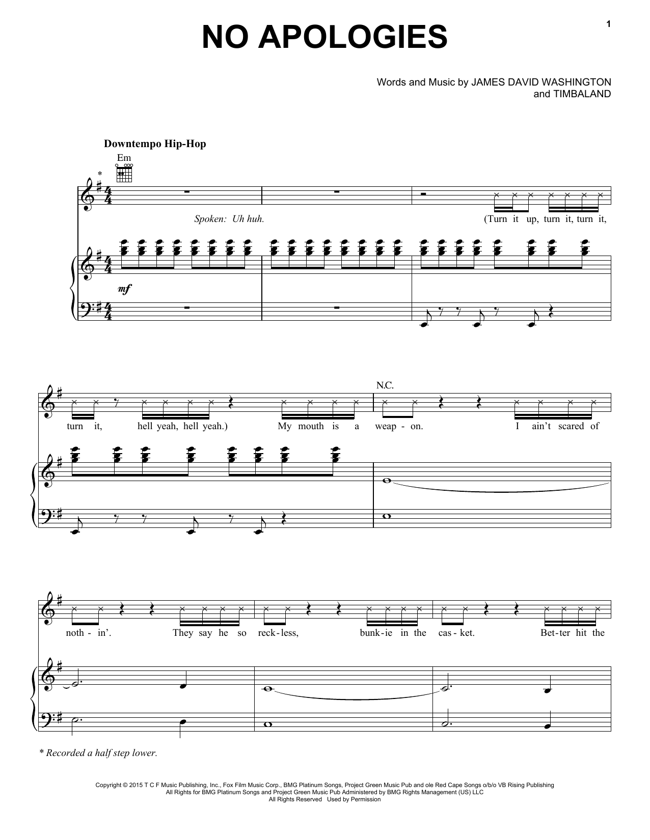 Jamal/Jussie Smollett/Hakeem/Bryshere Gray No Apologies Sheet Music Notes & Chords for Piano, Vocal & Guitar (Right-Hand Melody) - Download or Print PDF