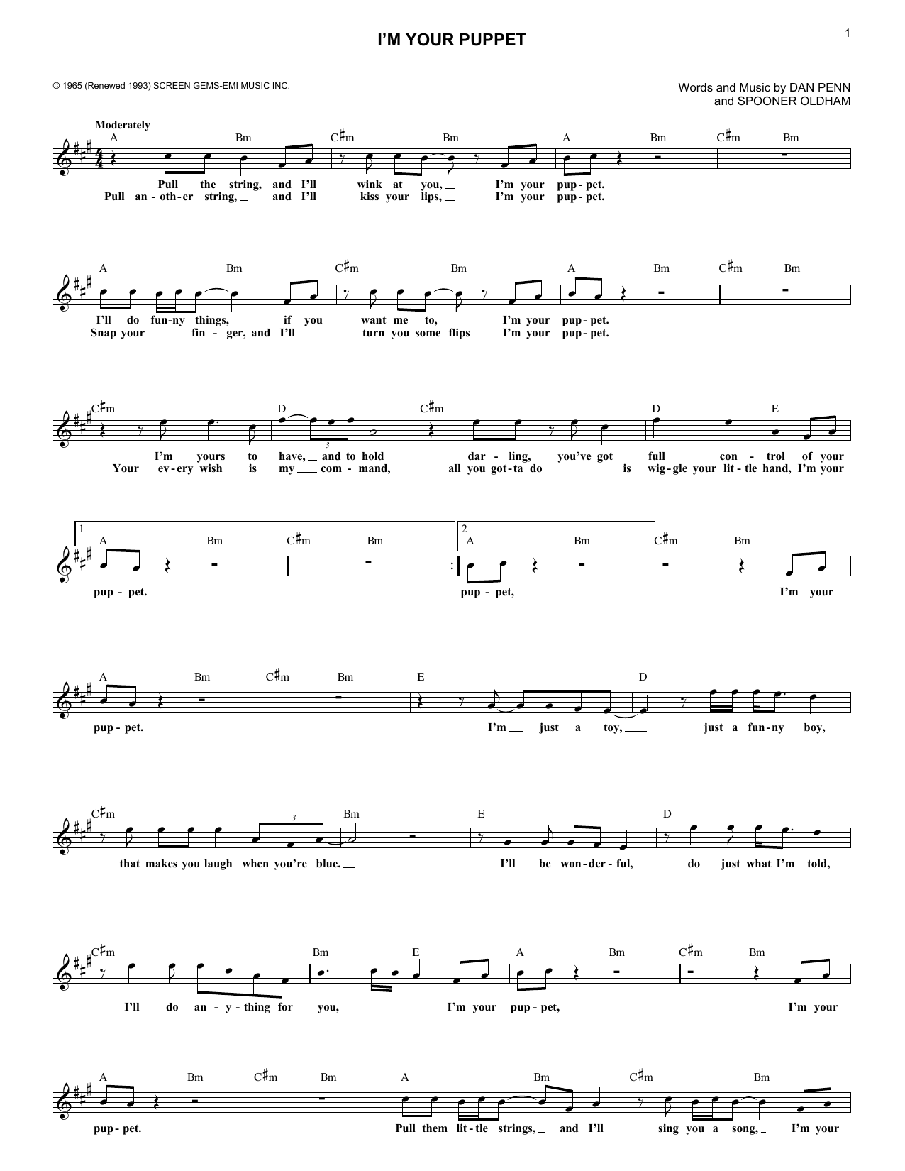 James & Bobby Purify I'm Your Puppet Sheet Music Notes & Chords for Piano, Vocal & Guitar Chords (Right-Hand Melody) - Download or Print PDF
