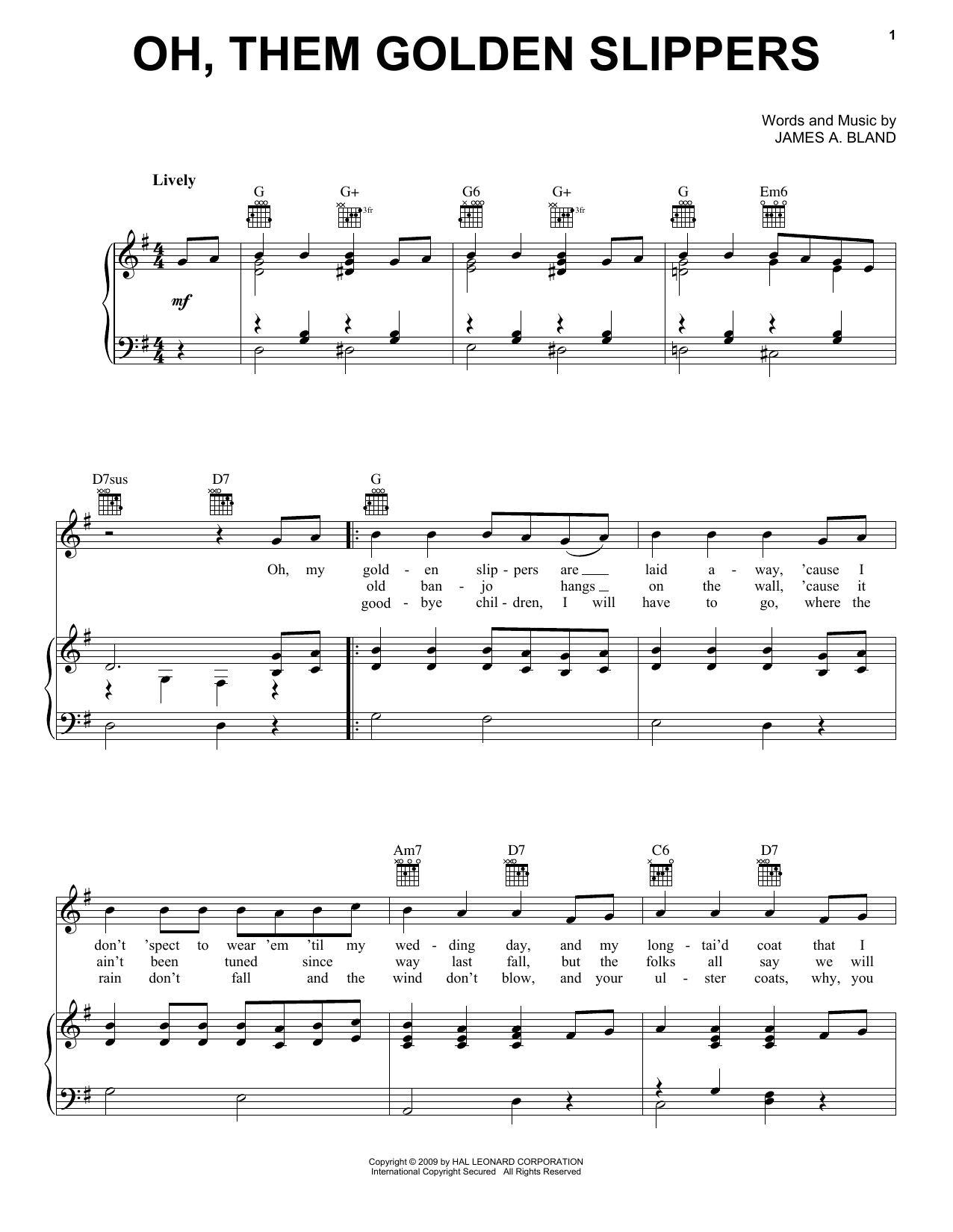 James A. Bland Oh, Them Golden Slippers Sheet Music Notes & Chords for Piano, Vocal & Guitar Chords (Right-Hand Melody) - Download or Print PDF