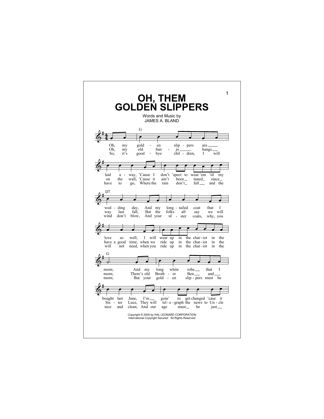 James A. Bland Oh, Them Golden Slippers Sheet Music Notes & Chords for Melody Line, Lyrics & Chords - Download or Print PDF