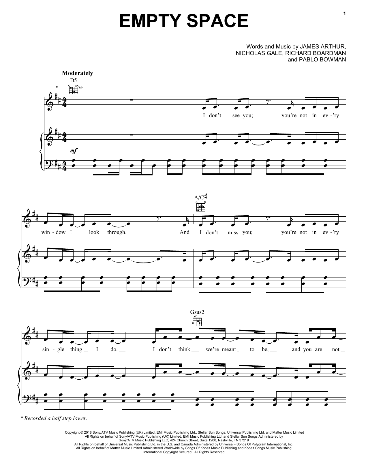 James Arthur Empty Space Sheet Music Notes & Chords for Piano, Vocal & Guitar (Right-Hand Melody) - Download or Print PDF
