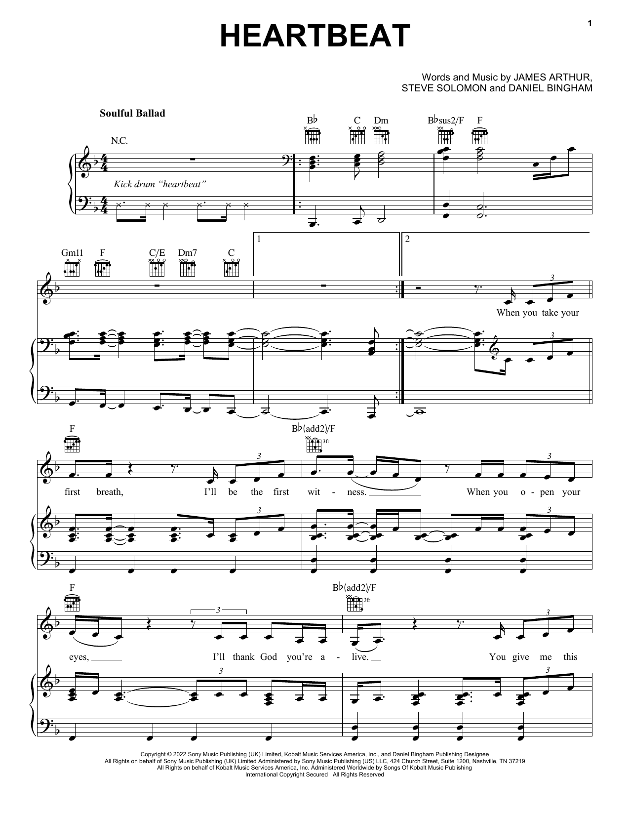 James Arthur Heartbeat Sheet Music Notes & Chords for Piano, Vocal & Guitar Chords (Right-Hand Melody) - Download or Print PDF