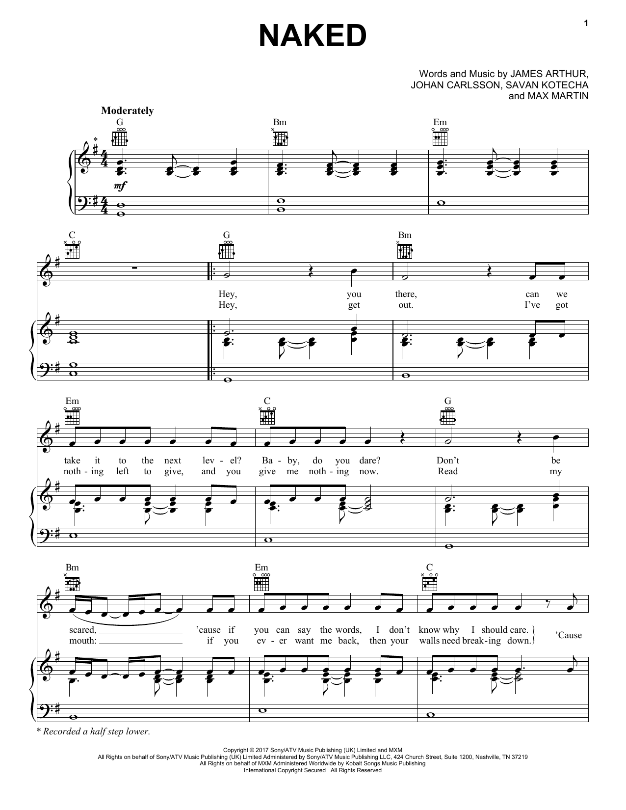 James Arthur Naked Sheet Music Notes & Chords for Piano, Vocal & Guitar (Right-Hand Melody) - Download or Print PDF