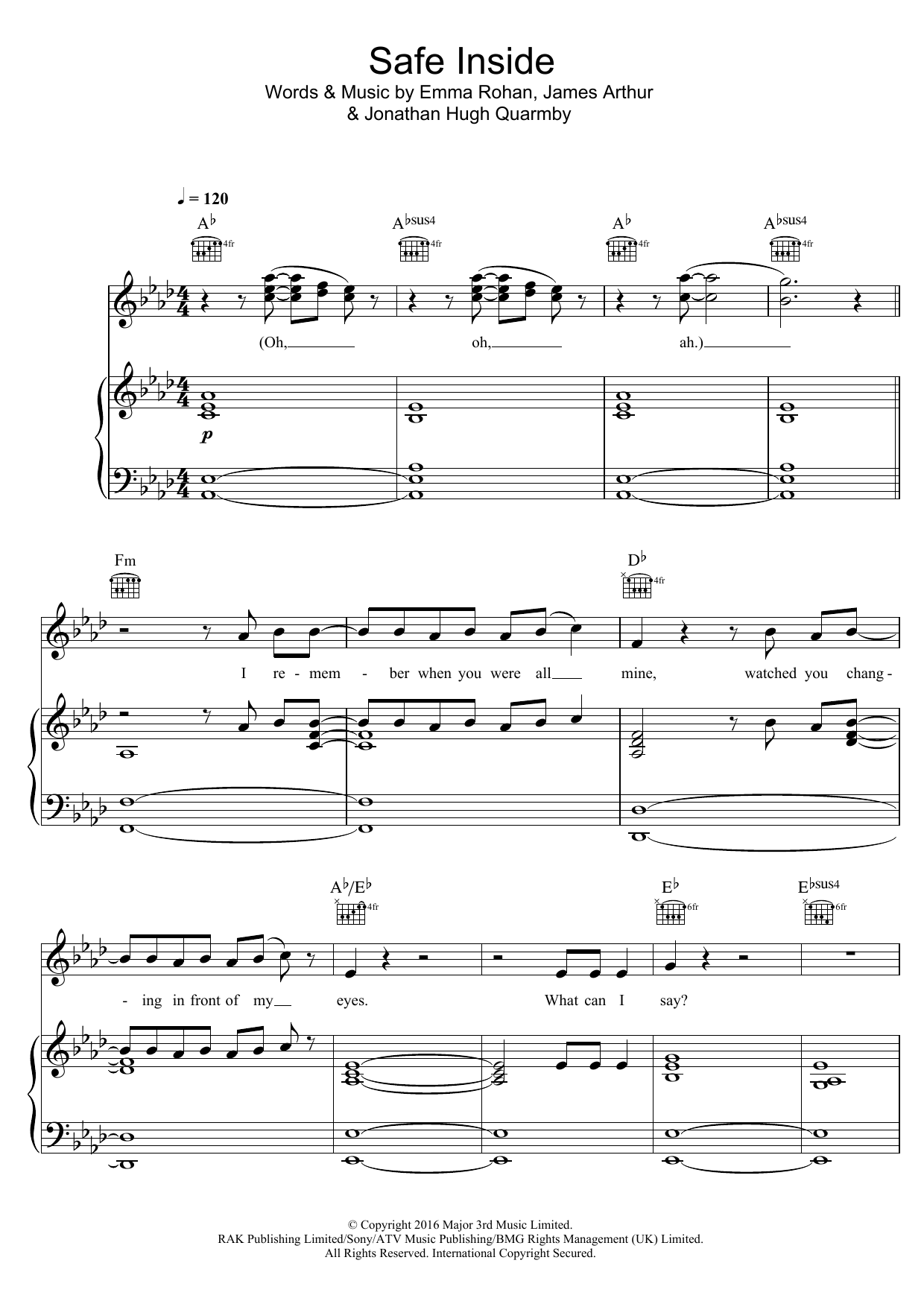 James Arthur Safe Inside Sheet Music Notes & Chords for Piano, Vocal & Guitar (Right-Hand Melody) - Download or Print PDF