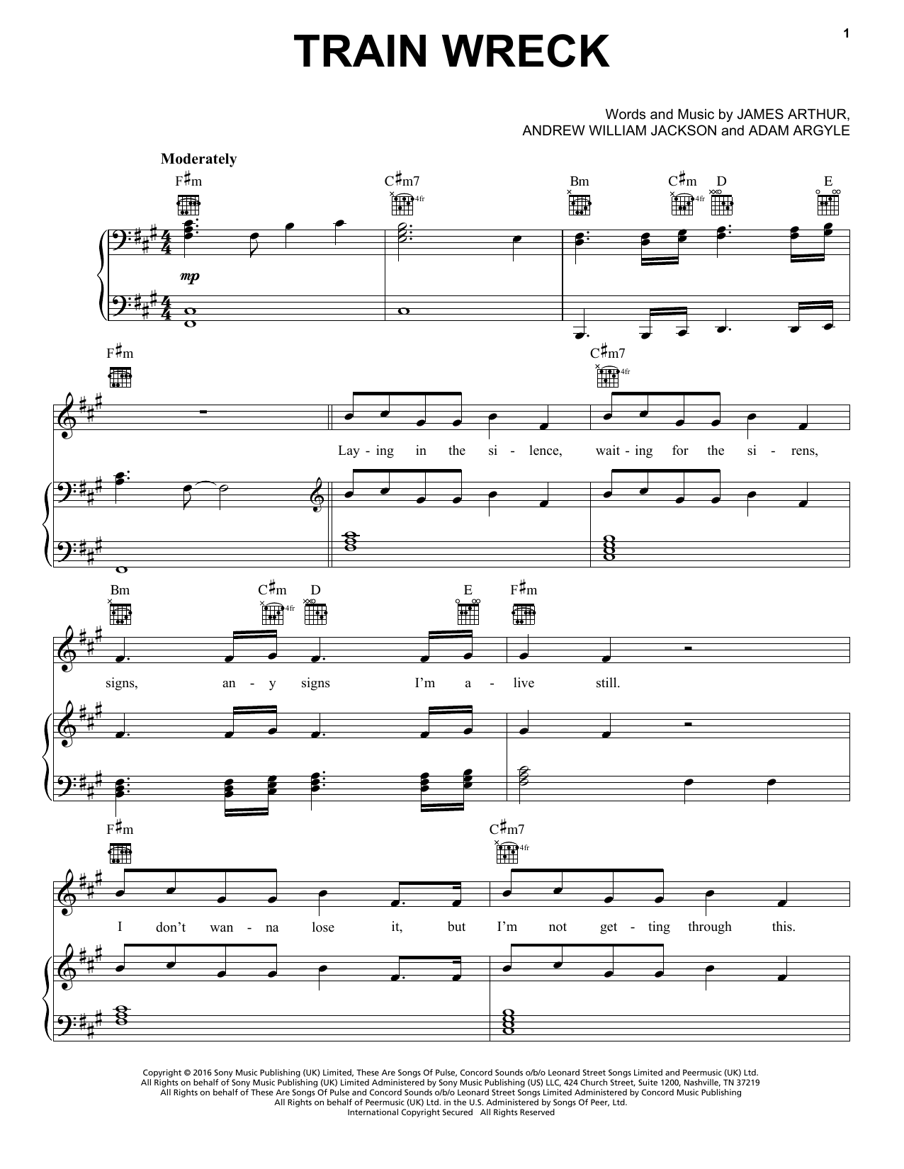 James Arthur Train Wreck Sheet Music Notes & Chords for Piano, Vocal & Guitar (Right-Hand Melody) - Download or Print PDF