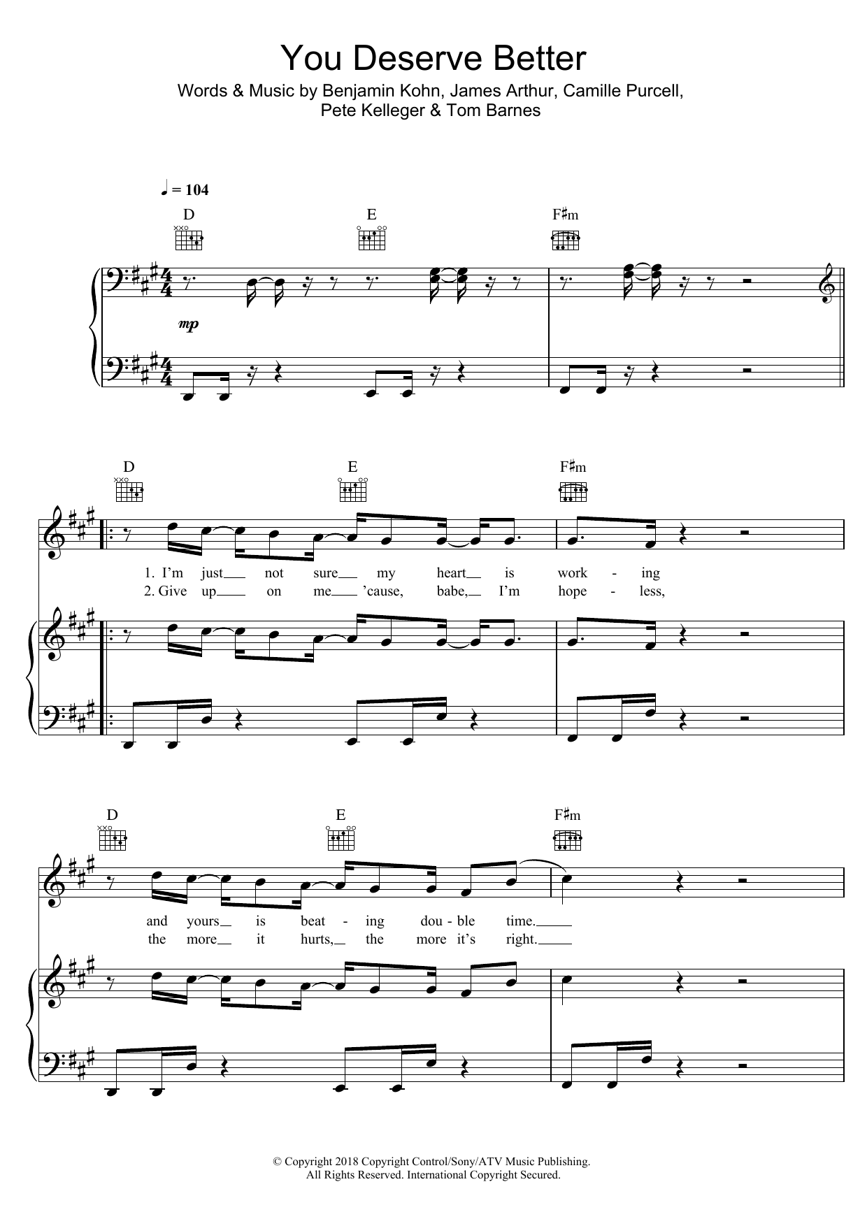 James Arthur You Deserve Better Sheet Music Notes & Chords for Piano, Vocal & Guitar (Right-Hand Melody) - Download or Print PDF