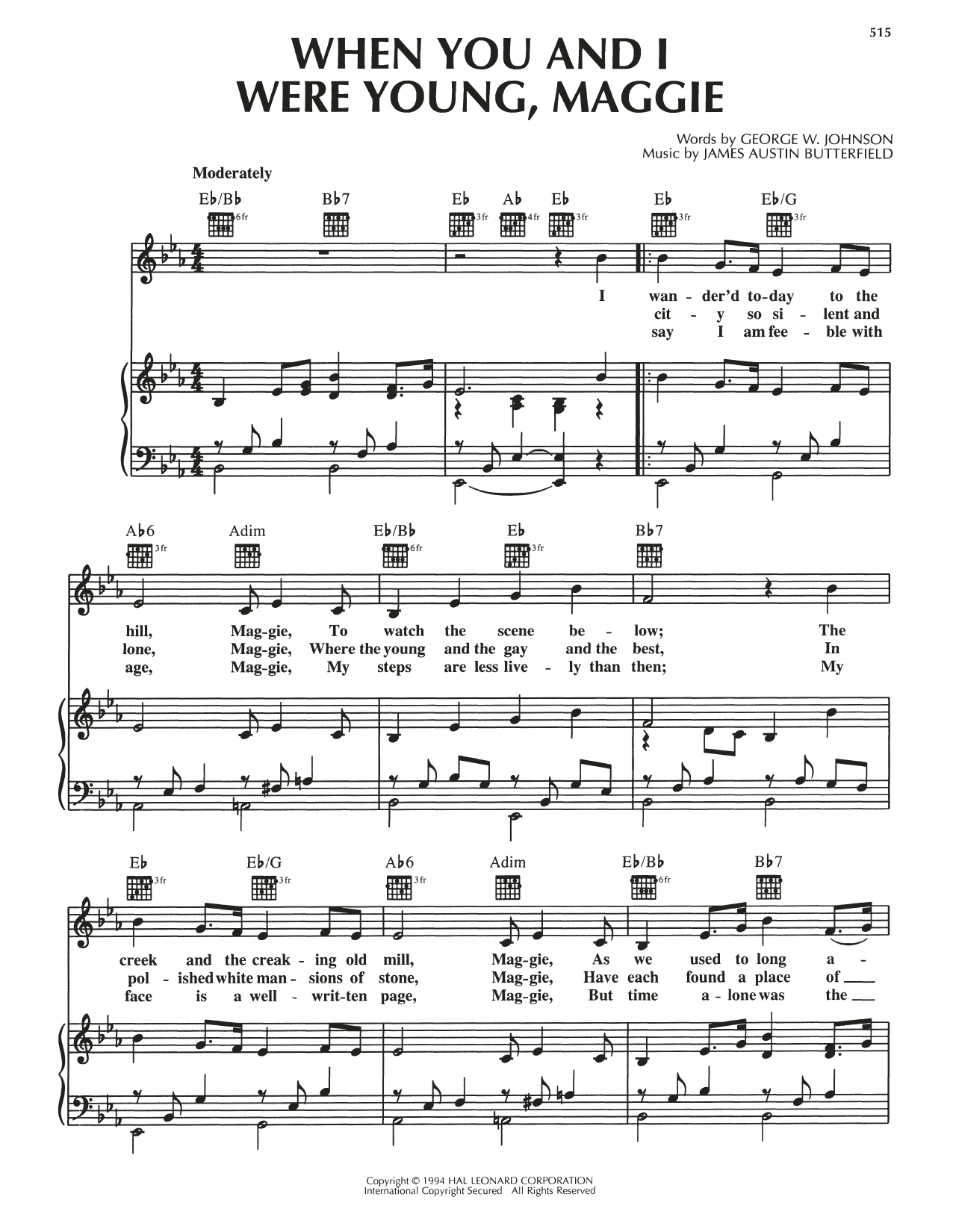 James Austin Butterfield When You And I Were Young, Maggie Sheet Music Notes & Chords for Piano, Vocal & Guitar Chords (Right-Hand Melody) - Download or Print PDF