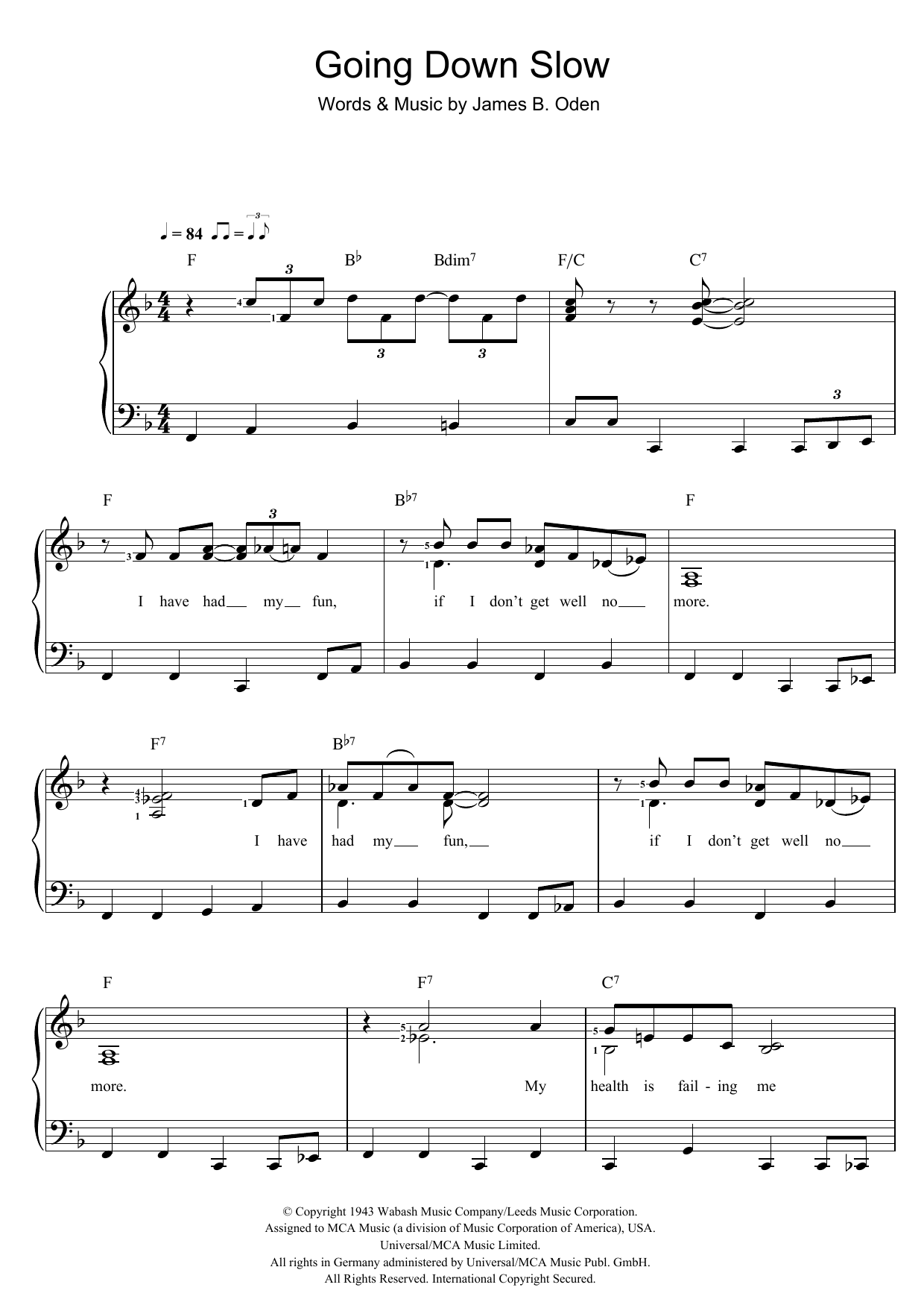 James B. Oden Going Down Slow Sheet Music Notes & Chords for Piano & Vocal - Download or Print PDF