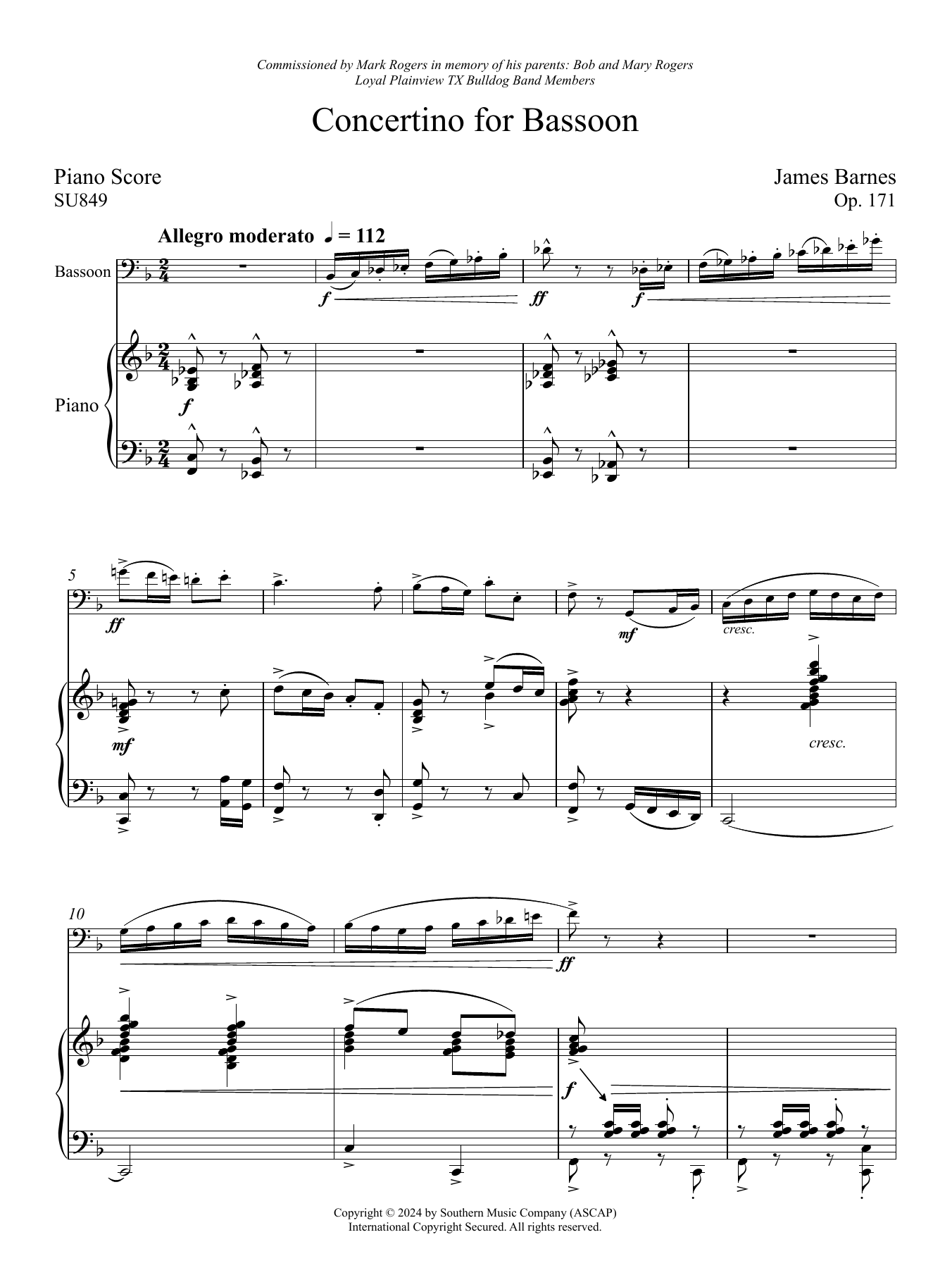 James Barnes Concertino for Bassoon (Solo / Piano Reduction) Sheet Music Notes & Chords for Woodwind Solo - Download or Print PDF