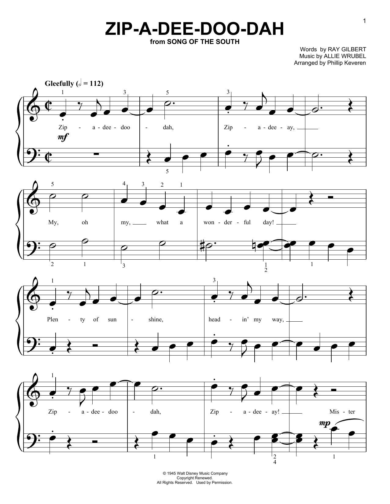 Ray Gilbert Zip-A-Dee-Doo-Dah Sheet Music Notes & Chords for Piano (Big Notes) - Download or Print PDF