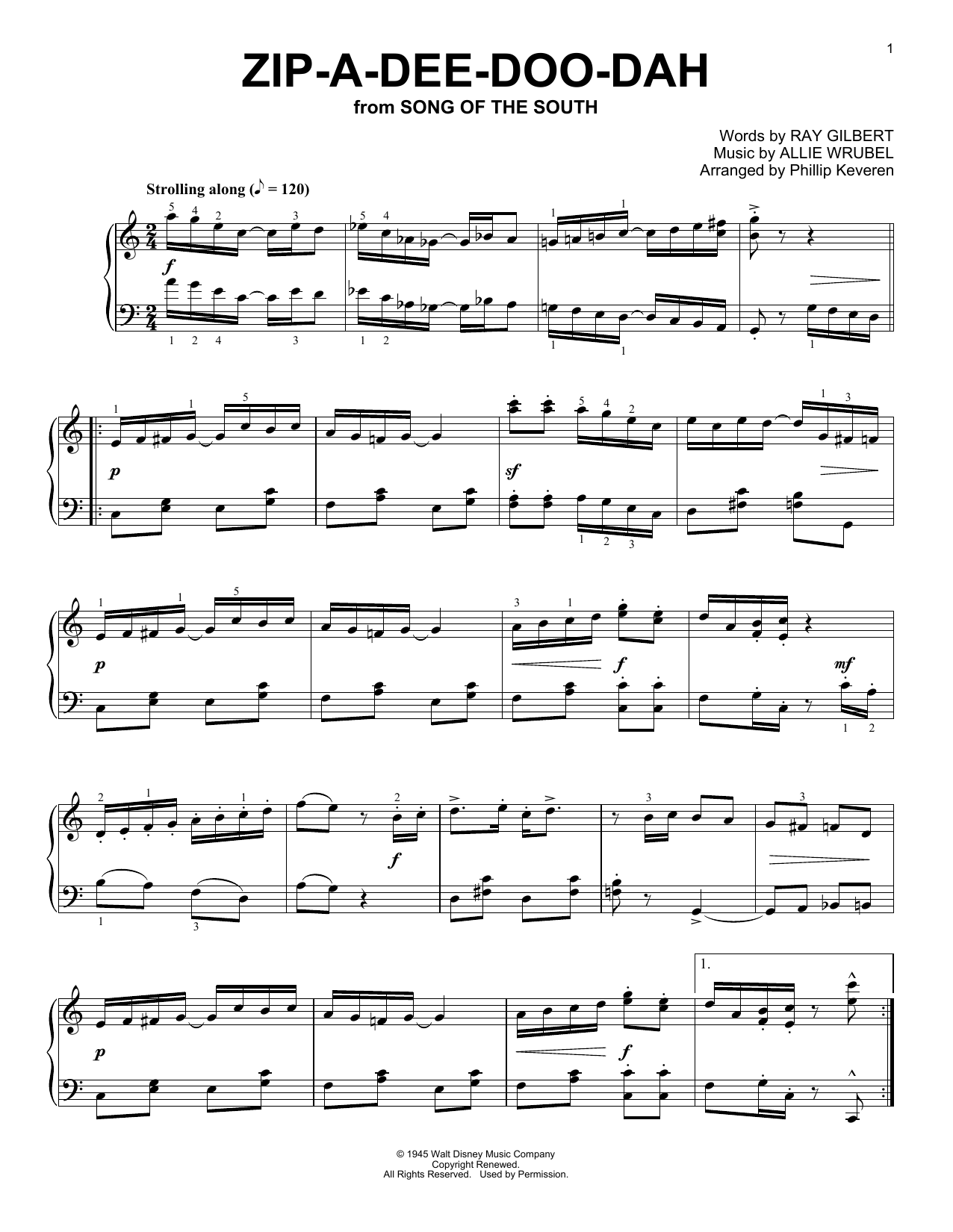 Allie Wrubel Zip-A-Dee-Doo-Dah [Ragtime version] (arr. Phillip Keveren) Sheet Music Notes & Chords for Piano - Download or Print PDF