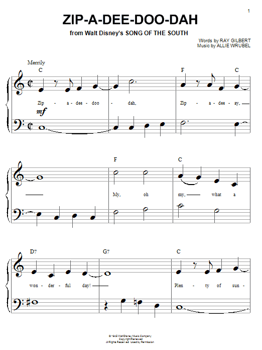 Ray Gilbert Zip-A-Dee-Doo-Dah Sheet Music Notes & Chords for Piano (Big Notes) - Download or Print PDF