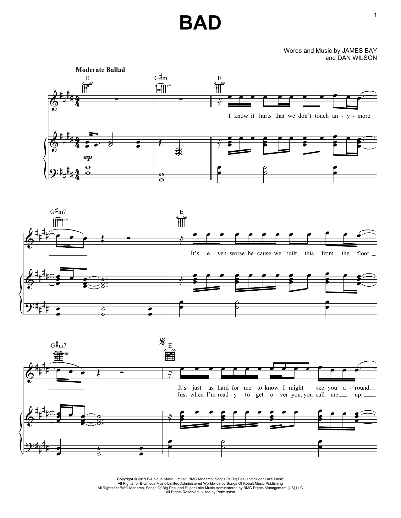 James Bay Bad Sheet Music Notes & Chords for Piano, Vocal & Guitar (Right-Hand Melody) - Download or Print PDF