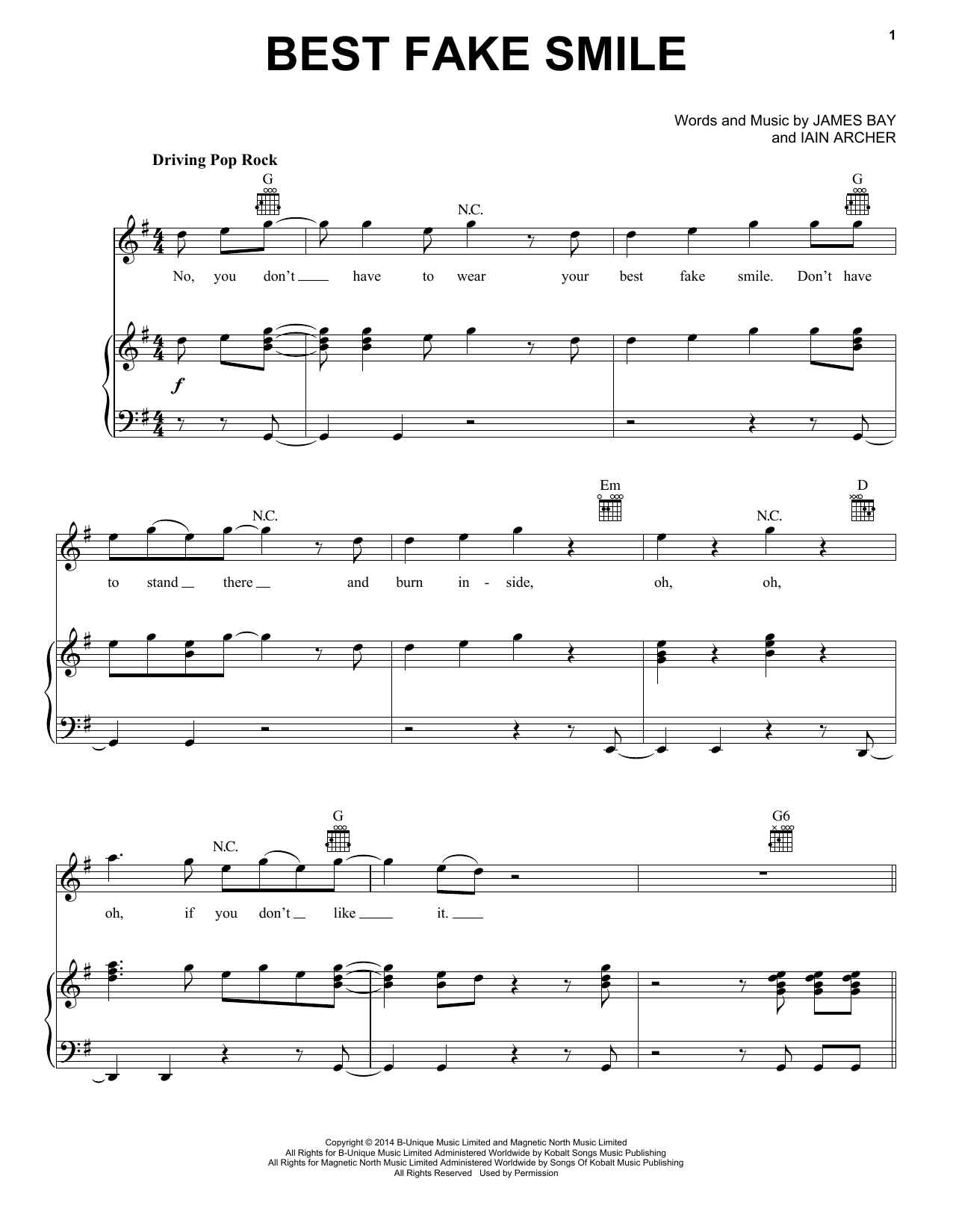 James Bay Best Fake Smile Sheet Music Notes & Chords for Piano, Vocal & Guitar (Right-Hand Melody) - Download or Print PDF