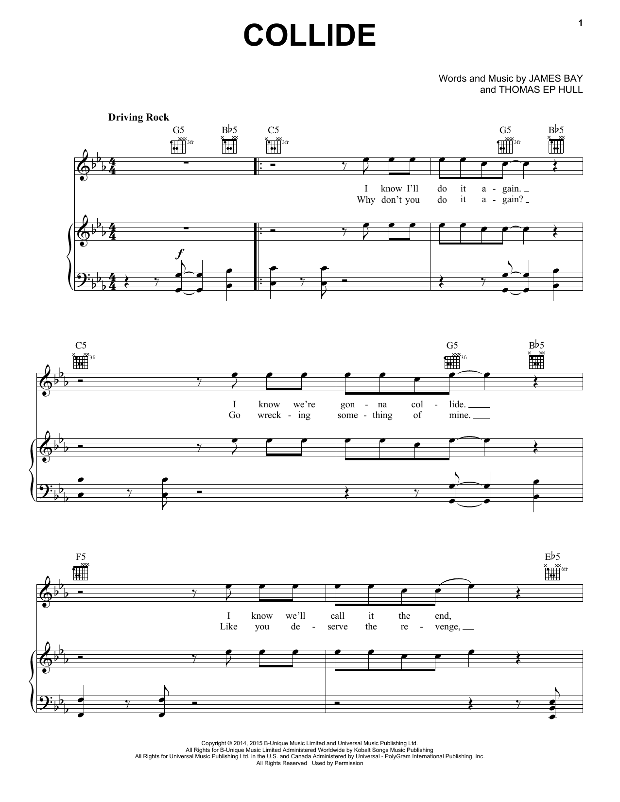 James Bay Collide Sheet Music Notes & Chords for Piano, Vocal & Guitar (Right-Hand Melody) - Download or Print PDF James Bay Collide Sheet Music Notes & Chords for Piano, Vocal & Guitar (Right-Hand Melody) - Download or Print PDF