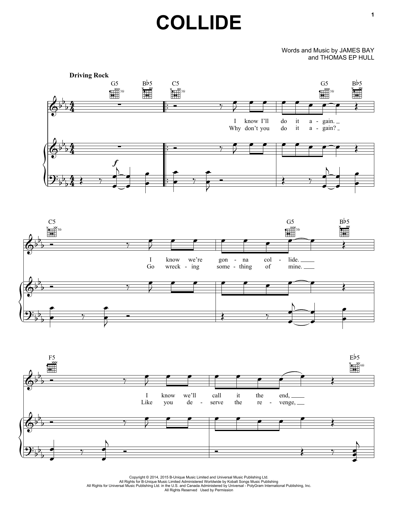 James Bay Collide Sheet Music Notes & Chords for Piano, Vocal & Guitar (Right-Hand Melody) - Download or Print PDF