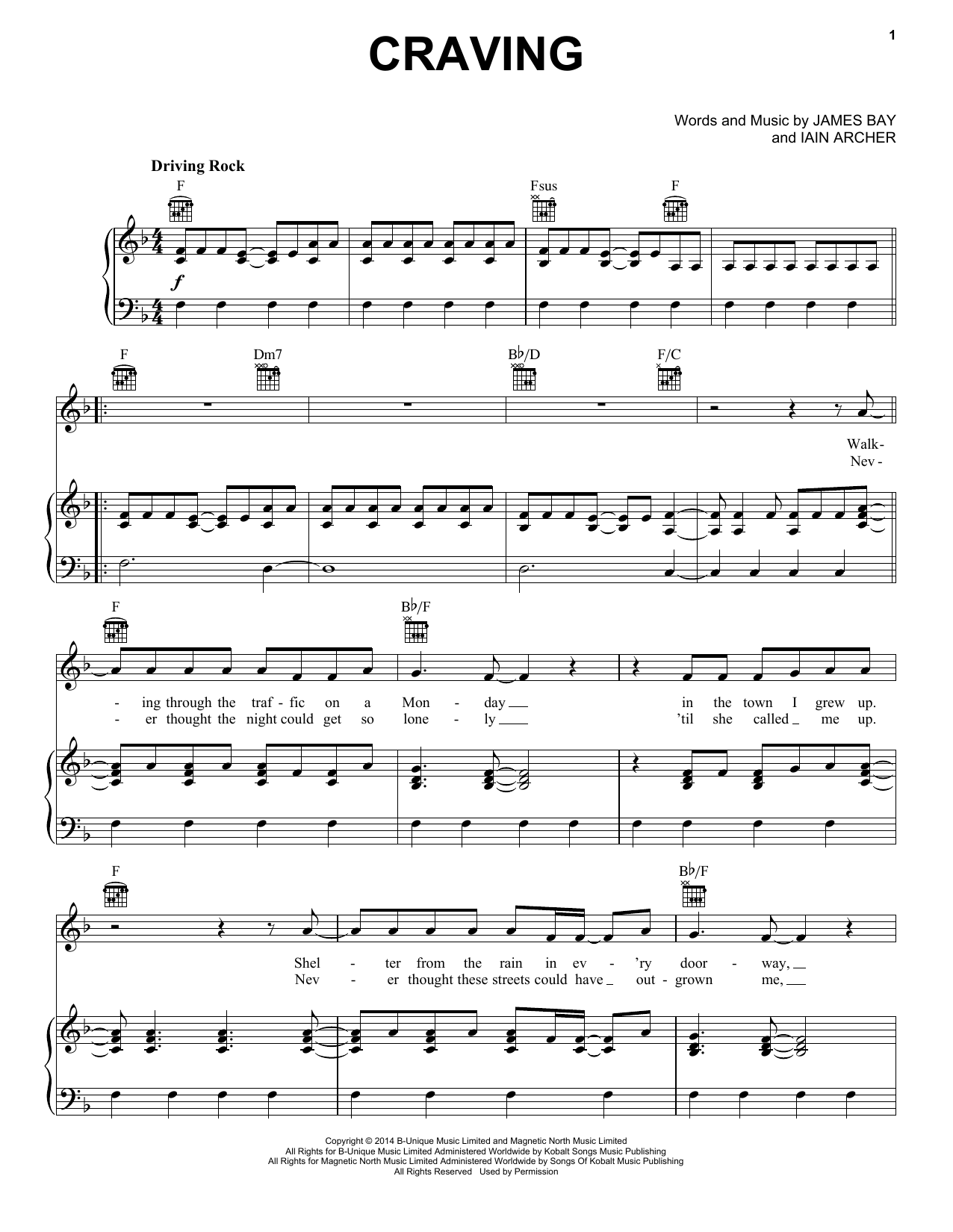 James Bay Craving Sheet Music Notes & Chords for Piano, Vocal & Guitar (Right-Hand Melody) - Download or Print PDF