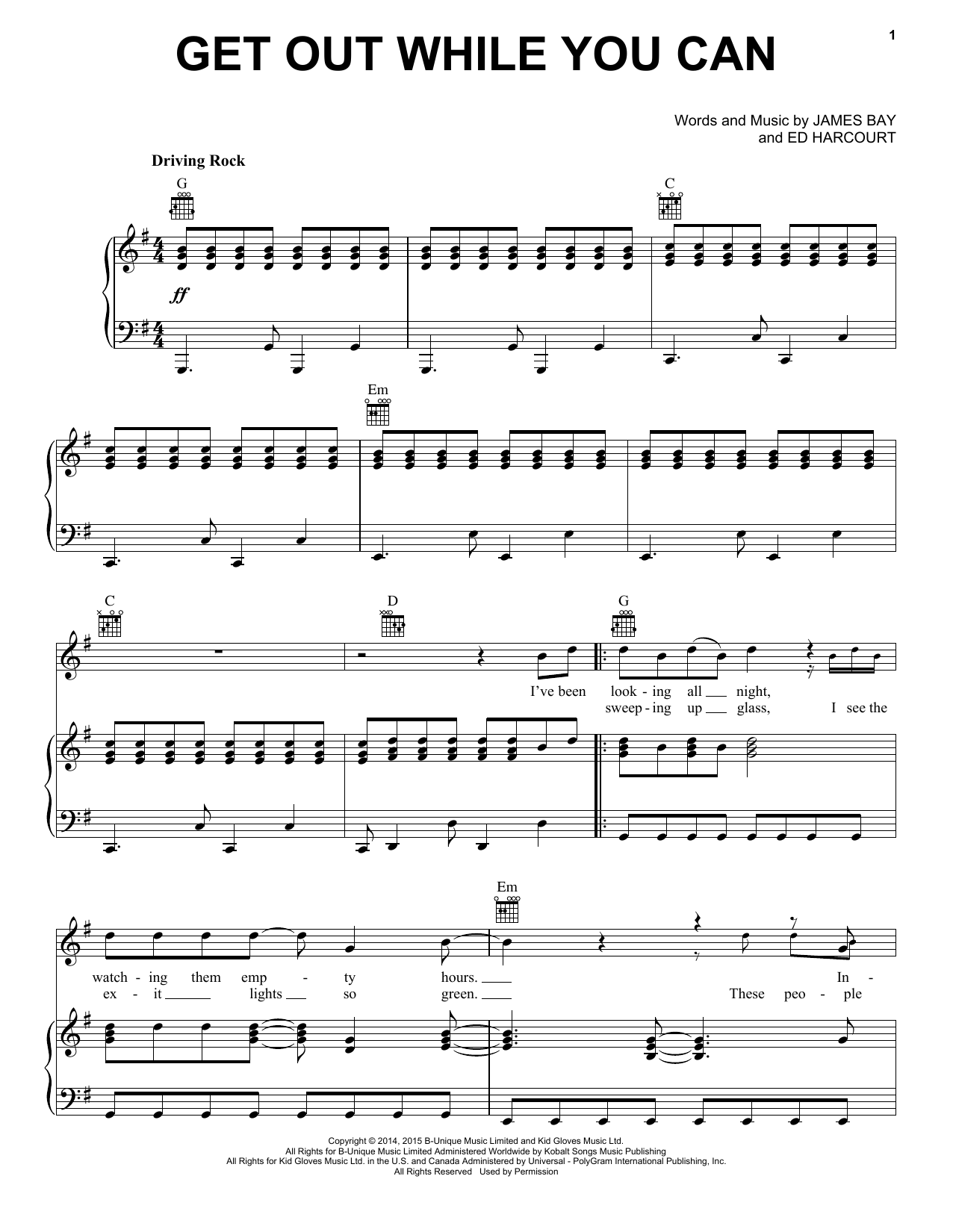 James Bay Get Out While You Can Sheet Music Notes & Chords for Piano, Vocal & Guitar (Right-Hand Melody) - Download or Print PDF