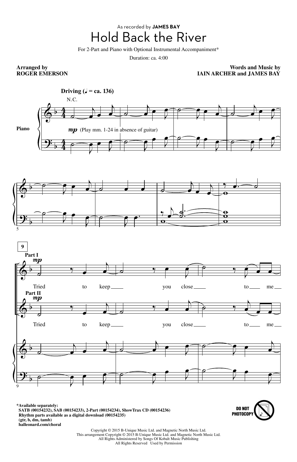 James Bay Hold Back The River (arr. Roger Emerson) Sheet Music Notes & Chords for 2-Part Choir - Download or Print PDF