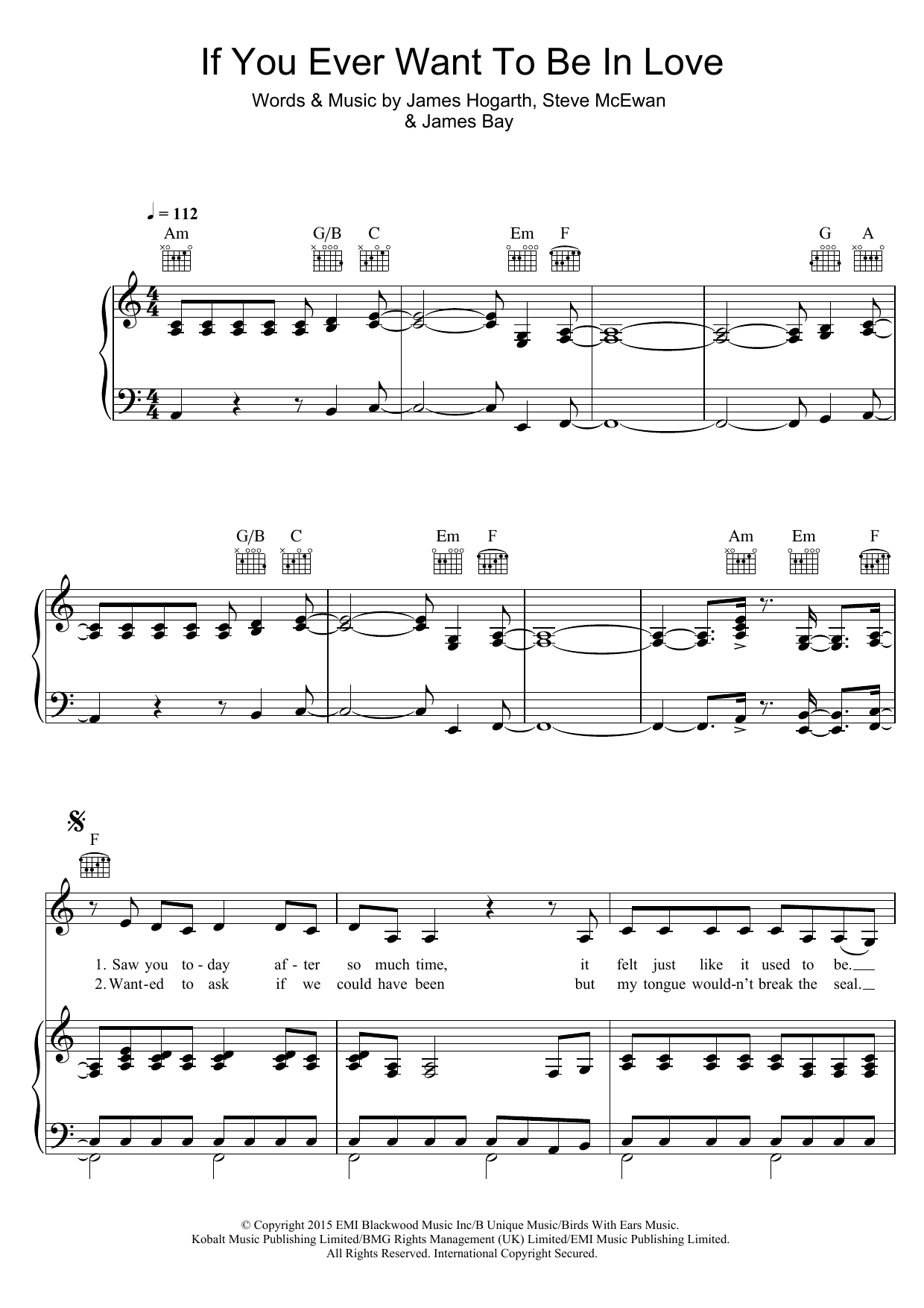James Bay If You Ever Want To Be In Love Sheet Music Notes & Chords for Piano, Vocal & Guitar (Right-Hand Melody) - Download or Print PDF