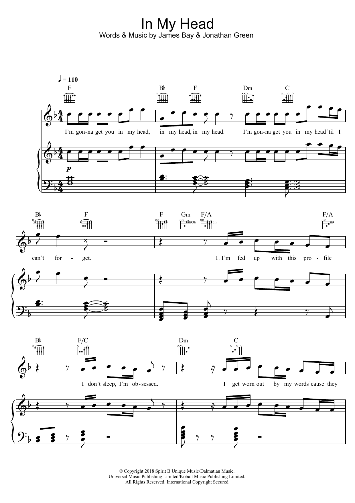 James Bay In My Head Sheet Music Notes & Chords for Piano, Vocal & Guitar (Right-Hand Melody) - Download or Print PDF