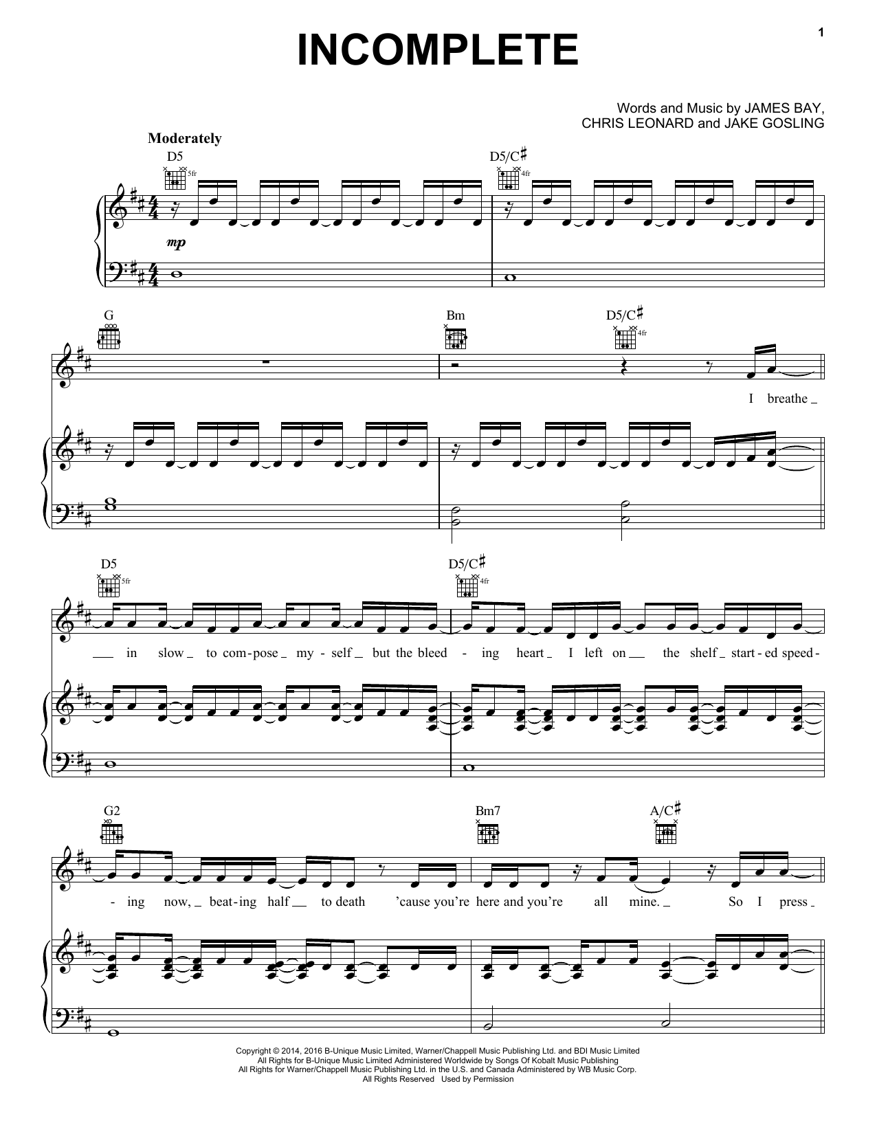 James Bay Incomplete Sheet Music Notes & Chords for Piano, Vocal & Guitar (Right-Hand Melody) - Download or Print PDF