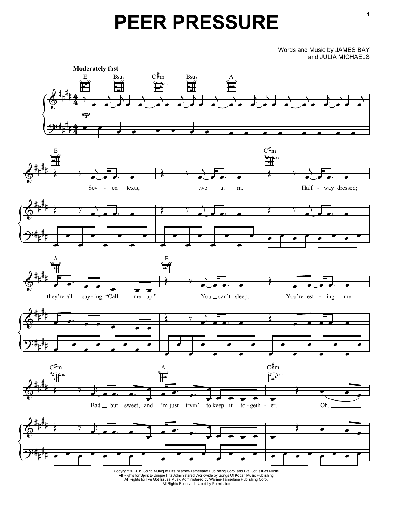 James Bay Peer Pressure (feat. Julia Michaels) Sheet Music Notes & Chords for Piano, Vocal & Guitar (Right-Hand Melody) - Download or Print PDF