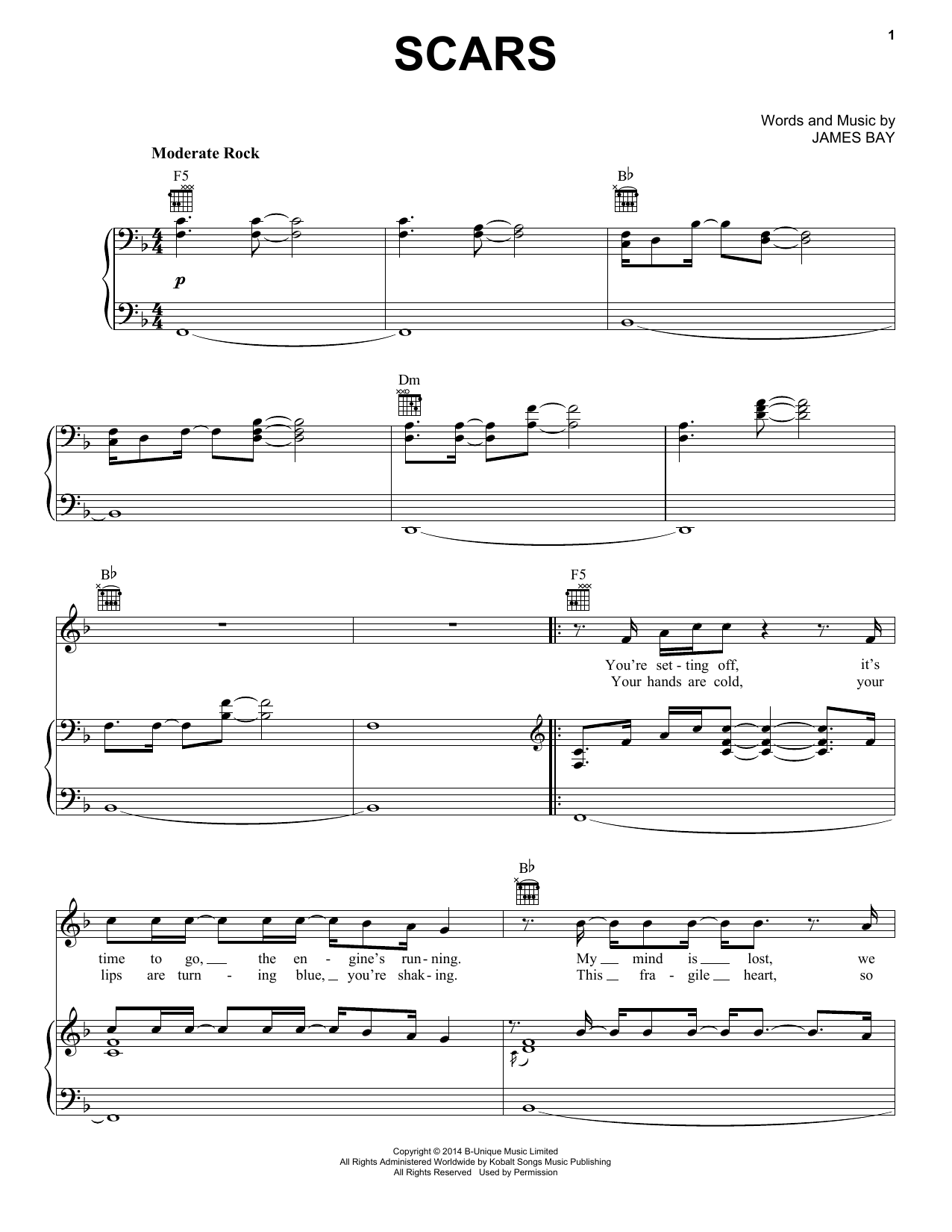 James Bay Scars Sheet Music Notes & Chords for Piano, Vocal & Guitar (Right-Hand Melody) - Download or Print PDF