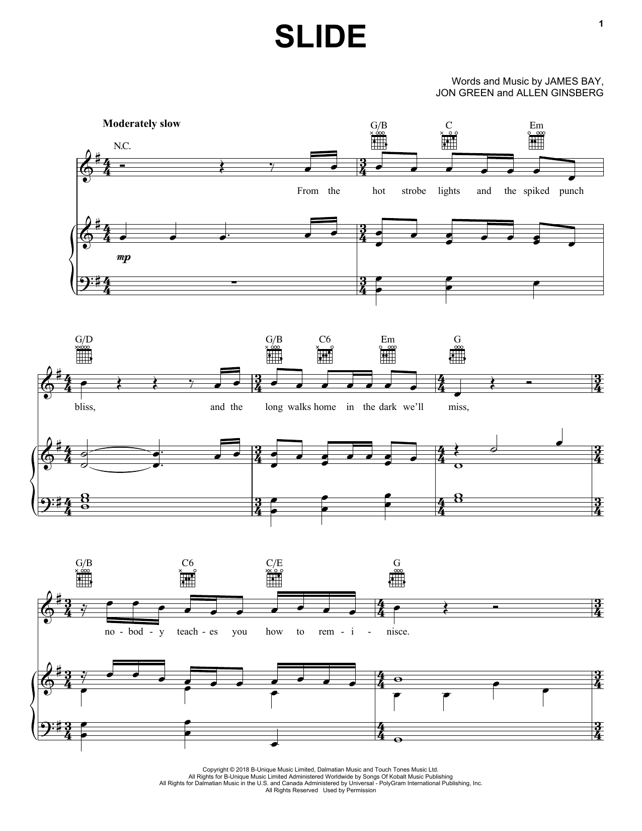 James Bay Slide Sheet Music Notes & Chords for Piano, Vocal & Guitar (Right-Hand Melody) - Download or Print PDF