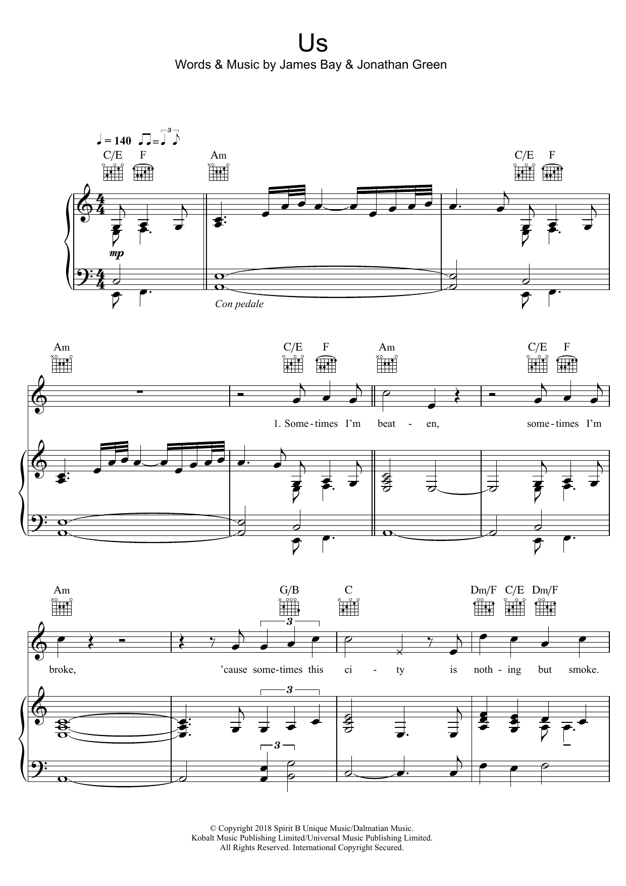 James Bay Us Sheet Music Notes & Chords for Piano, Vocal & Guitar (Right-Hand Melody) - Download or Print PDF