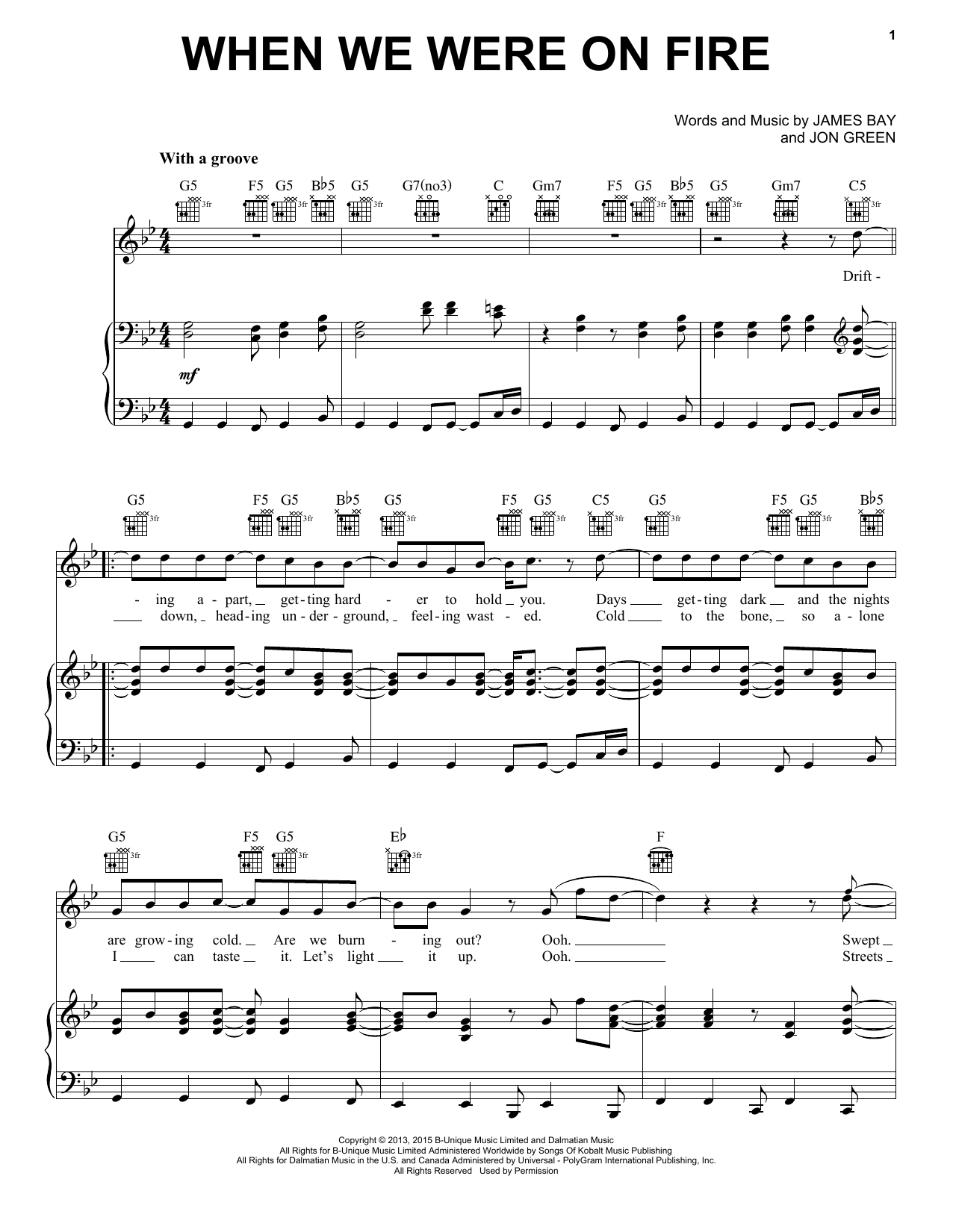 James Bay When We Were On Fire Sheet Music Notes & Chords for Piano, Vocal & Guitar (Right-Hand Melody) - Download or Print PDF