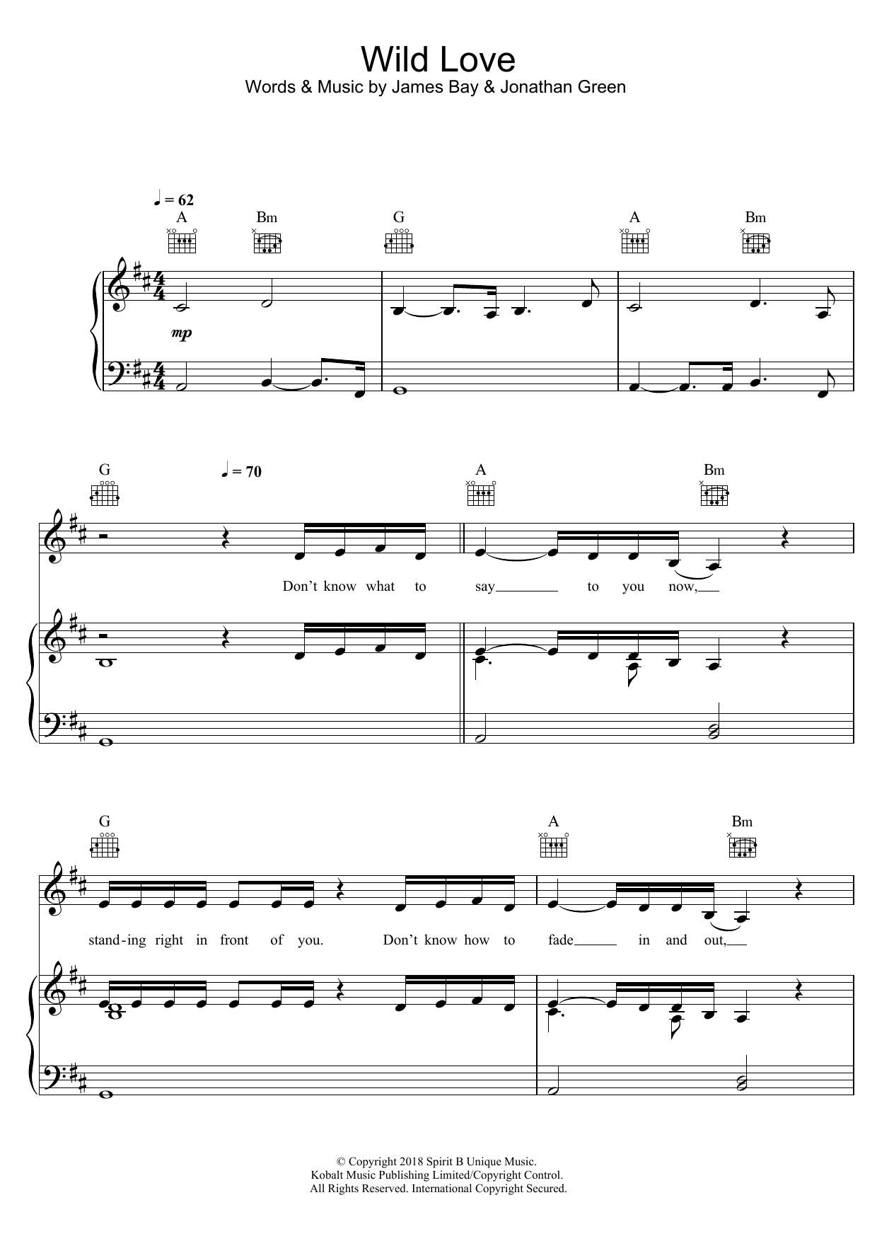 James Bay Wild Love Sheet Music Notes & Chords for Piano, Vocal & Guitar (Right-Hand Melody) - Download or Print PDF