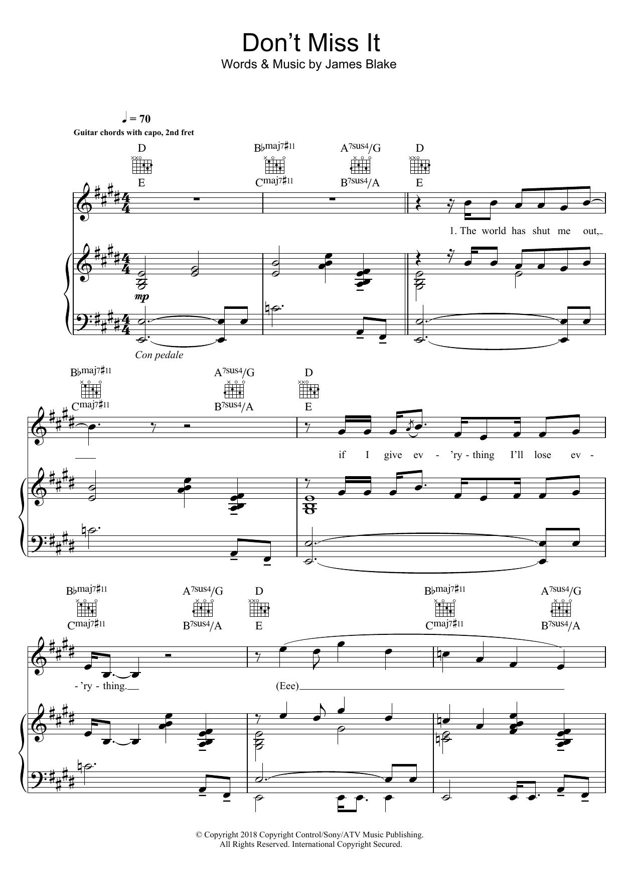 James Blake Don't Miss It Sheet Music Notes & Chords for Piano, Vocal & Guitar (Right-Hand Melody) - Download or Print PDF
