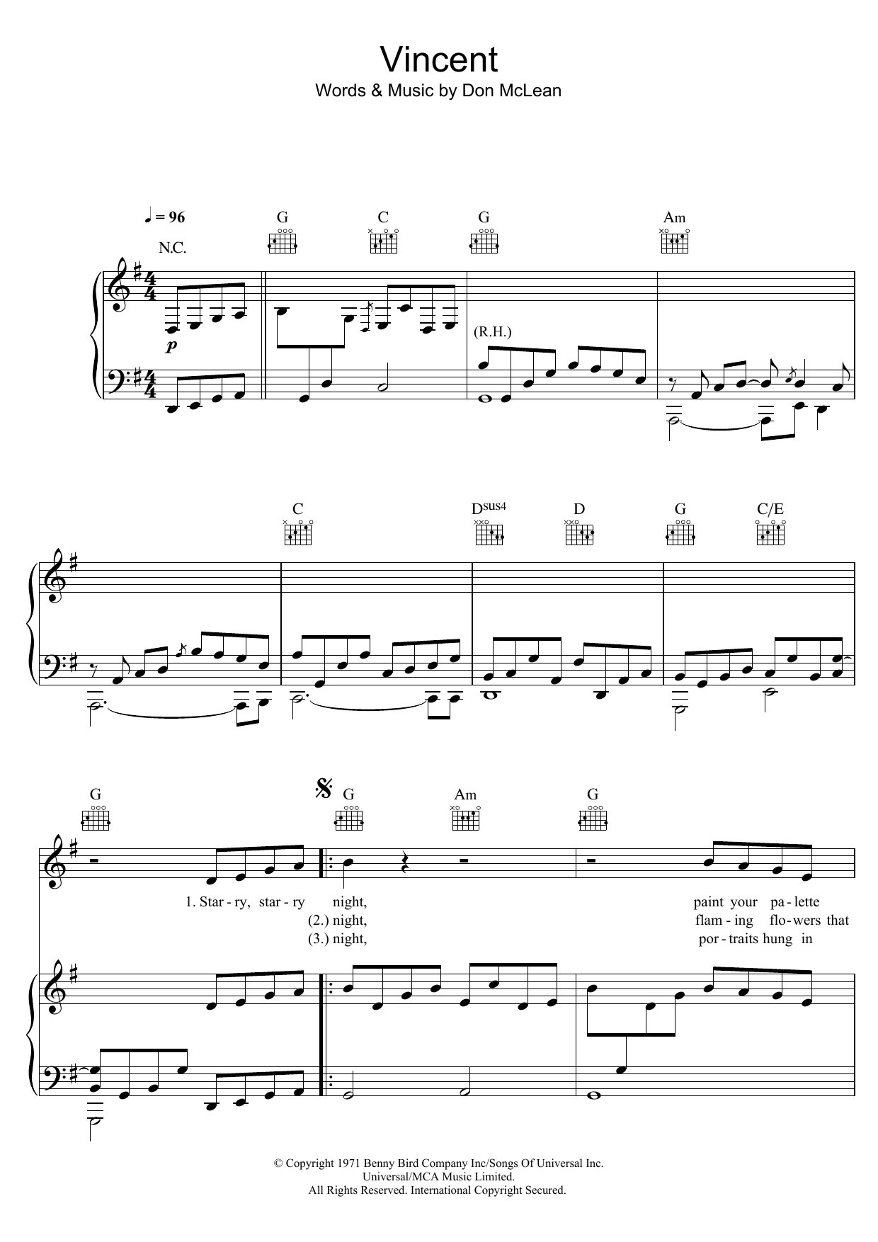 James Blake Vincent (Starry Starry Night) Sheet Music Notes & Chords for Piano, Vocal & Guitar (Right-Hand Melody) - Download or Print PDF