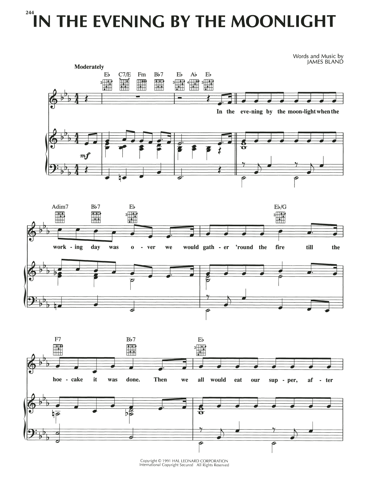 James Bland In The Evening By The Moonlight Sheet Music Notes & Chords for Piano, Vocal & Guitar Chords (Right-Hand Melody) - Download or Print PDF