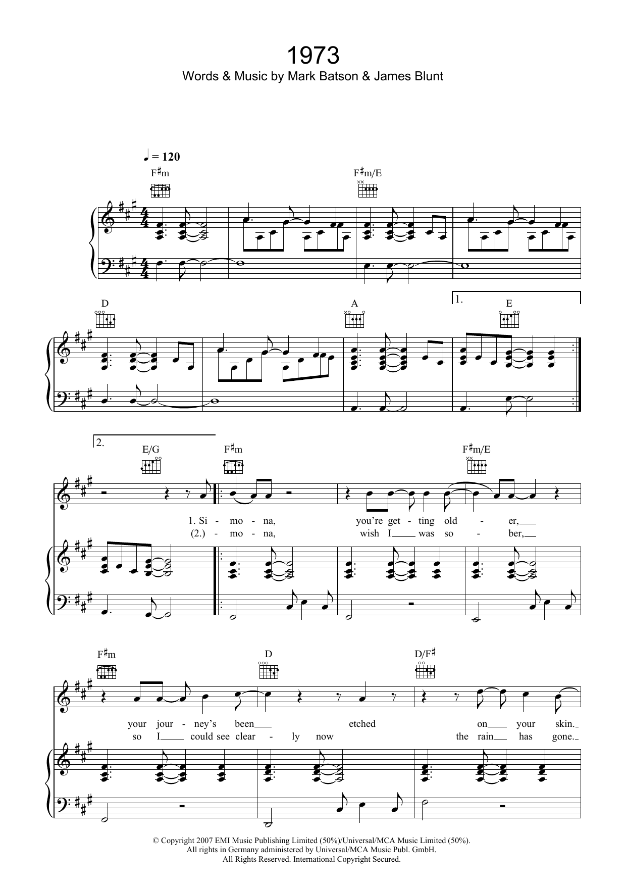 James Blunt 1973 Sheet Music Notes & Chords for Piano, Vocal & Guitar - Download or Print PDF