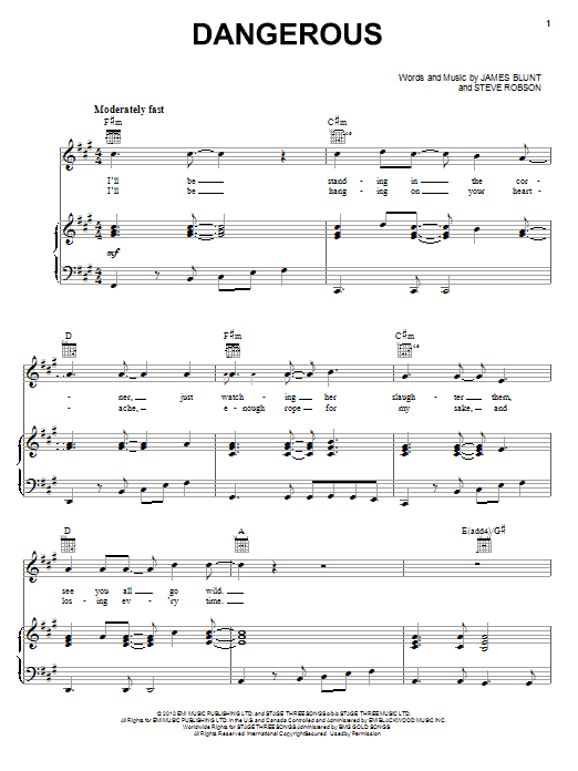 James Blunt Dangerous Sheet Music Notes & Chords for Piano, Vocal & Guitar (Right-Hand Melody) - Download or Print PDF