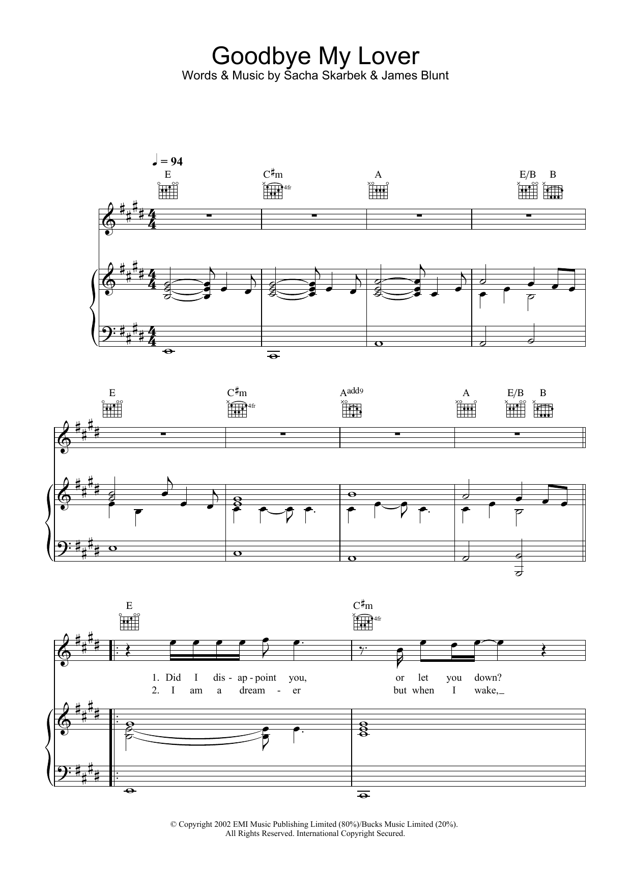 James Blunt Goodbye My Lover Sheet Music Notes & Chords for Melody Line, Lyrics & Chords - Download or Print PDF