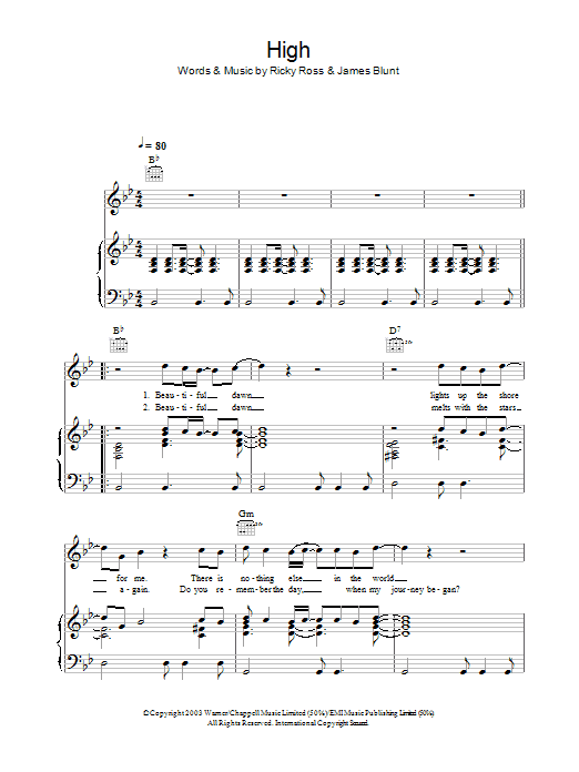 James Blunt High Sheet Music Notes & Chords for Piano, Vocal & Guitar (Right-Hand Melody) - Download or Print PDF