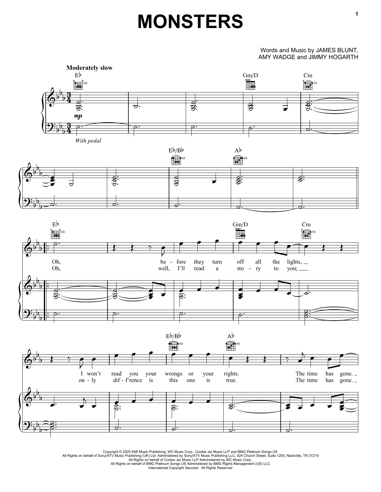 James Blunt Monsters Sheet Music Notes & Chords for Piano, Vocal & Guitar (Right-Hand Melody) - Download or Print PDF