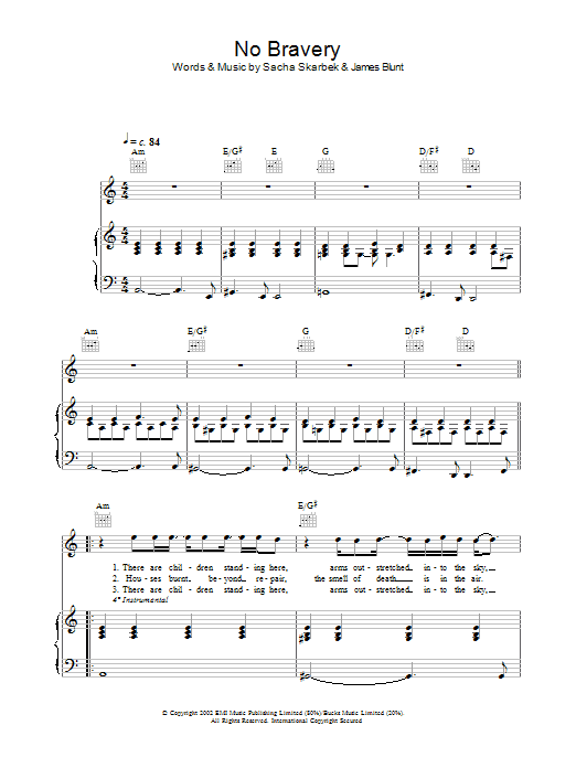 James Blunt No Bravery Sheet Music Notes & Chords for Piano, Vocal & Guitar - Download or Print PDF
