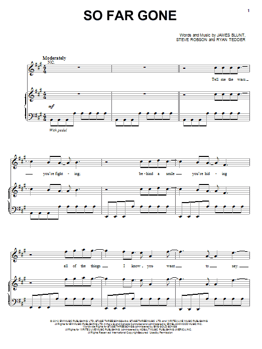 James Blunt So Far Gone Sheet Music Notes & Chords for Piano, Vocal & Guitar (Right-Hand Melody) - Download or Print PDF