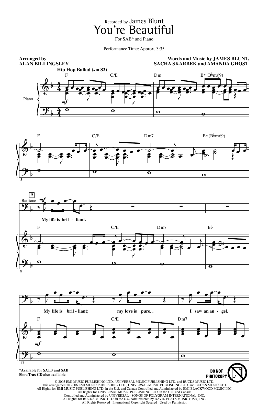 James Blunt You're Beautiful (arr. Alan Billingsley) Sheet Music Notes & Chords for SAB Choir - Download or Print PDF