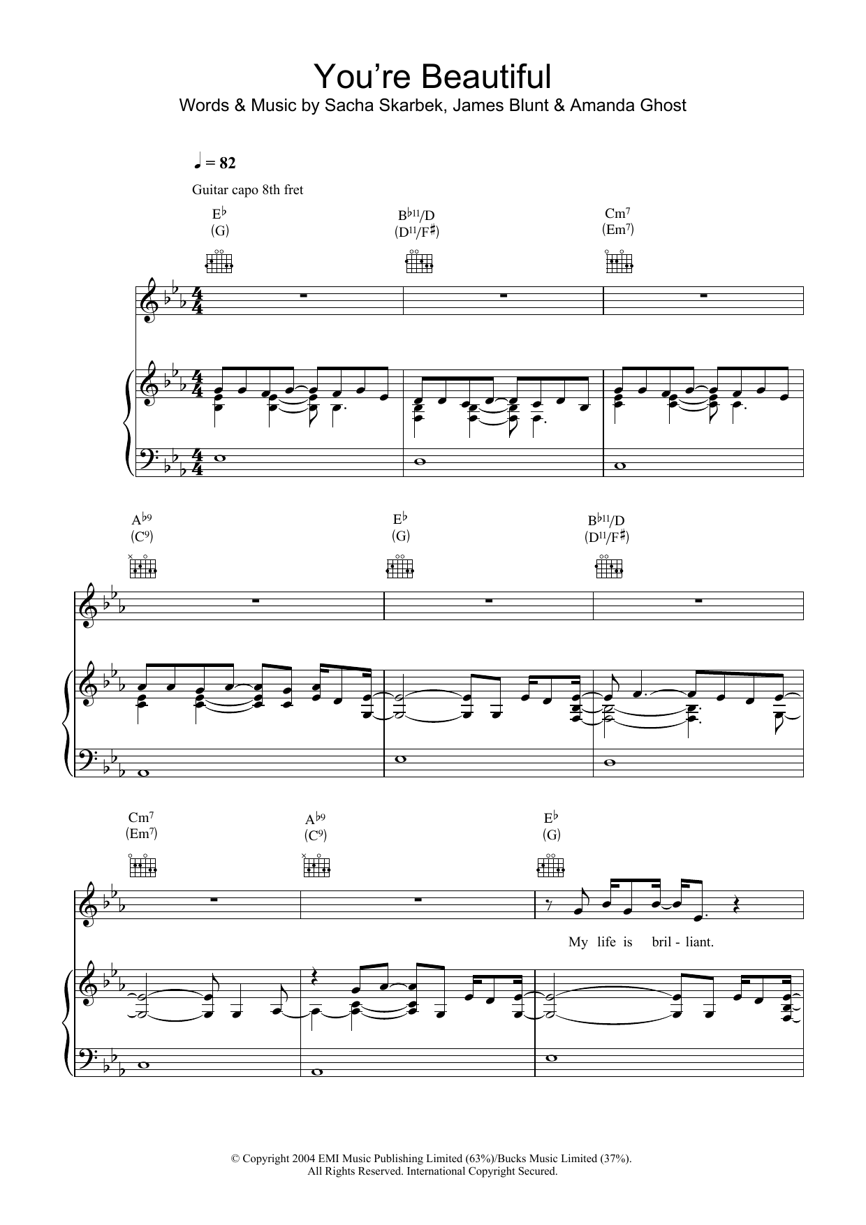 James Blunt You're Beautiful Sheet Music Notes & Chords for Easy Guitar Tab - Download or Print PDF